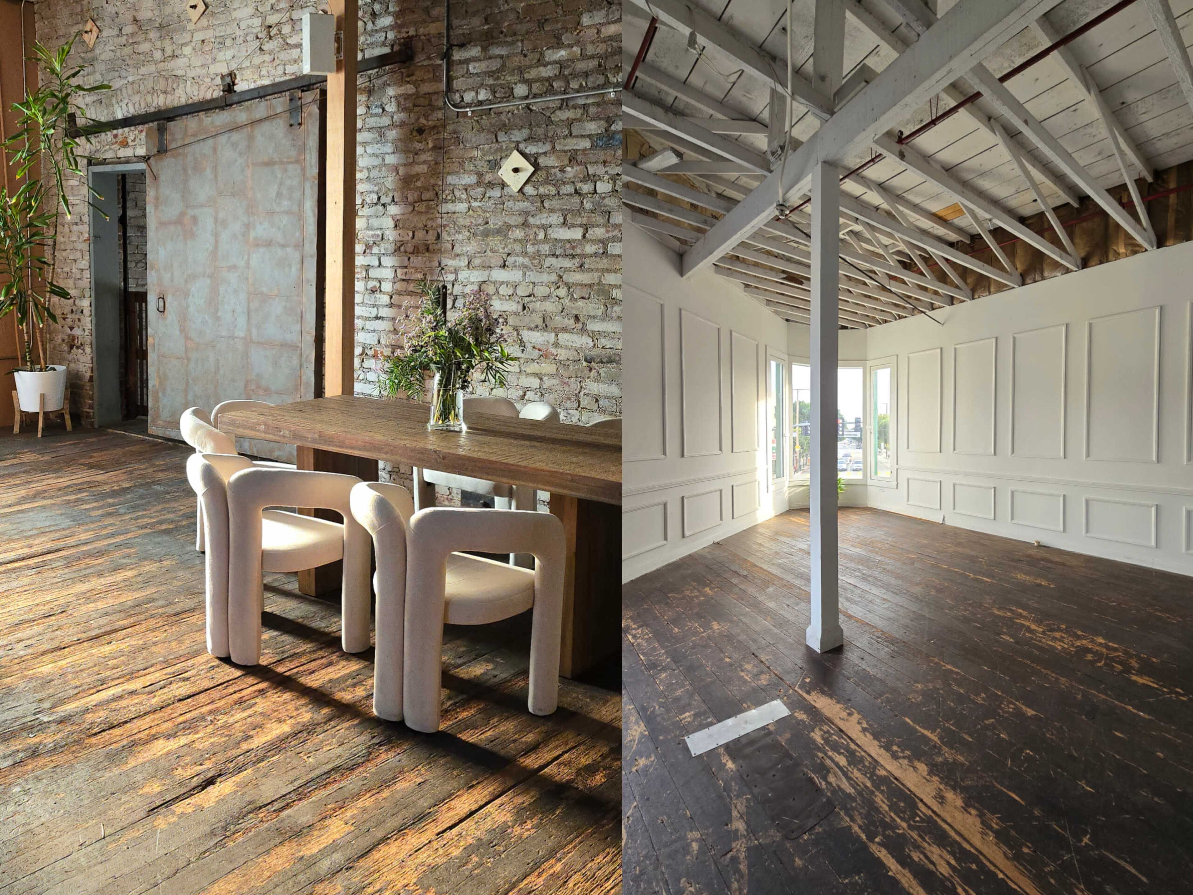 The image shows two contrasting interior spaces: the left features a rustic dining area with a wooden table and upholstered chairs, while the right showcases a bright, open room with white walls and exposed beams.