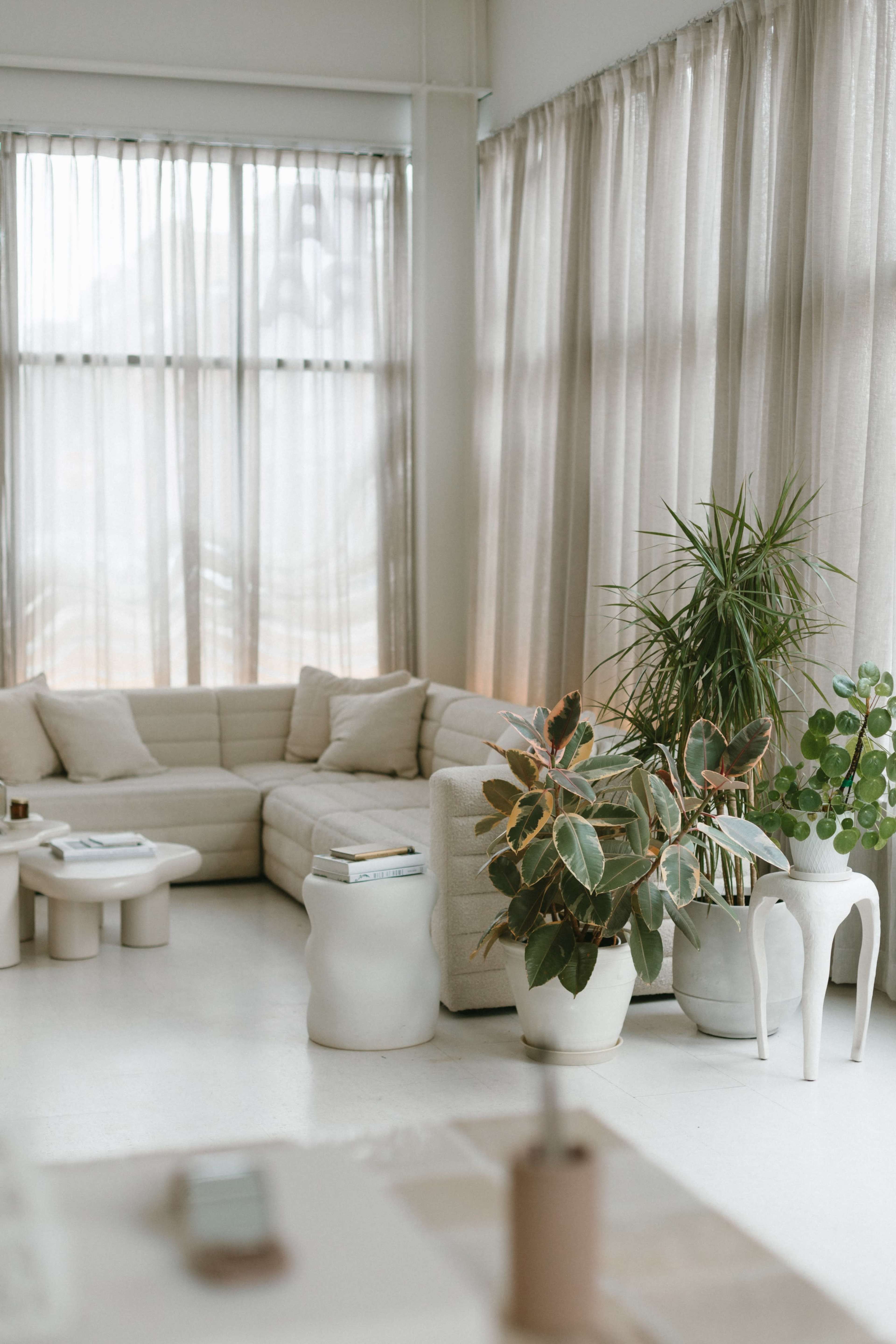A spacious living room features a large sectional sofa, potted plants, and sheer curtains allowing natural light to filter in.