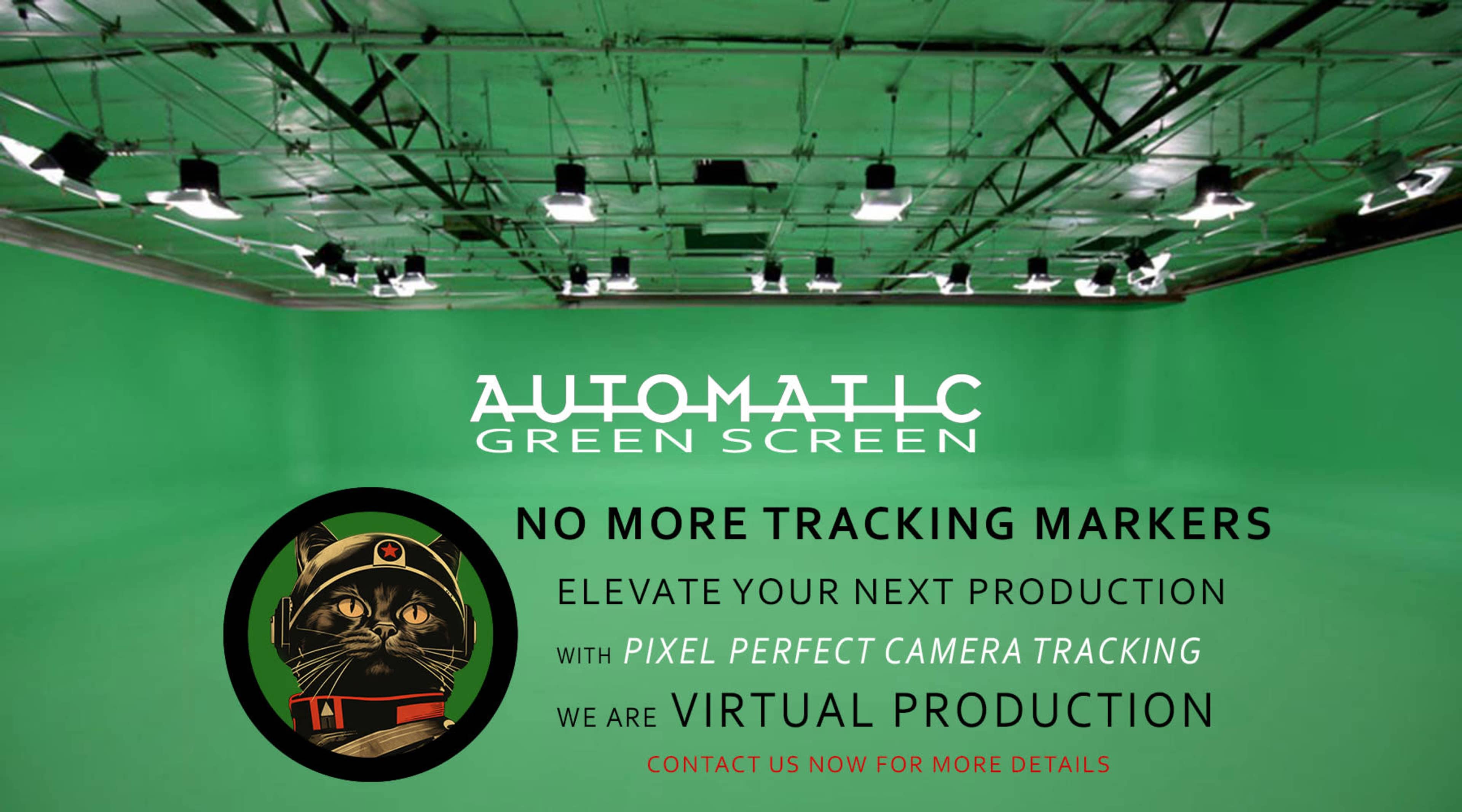 A green screen studio equipped with overhead lights, promoting automatic camera tracking for virtual production.
