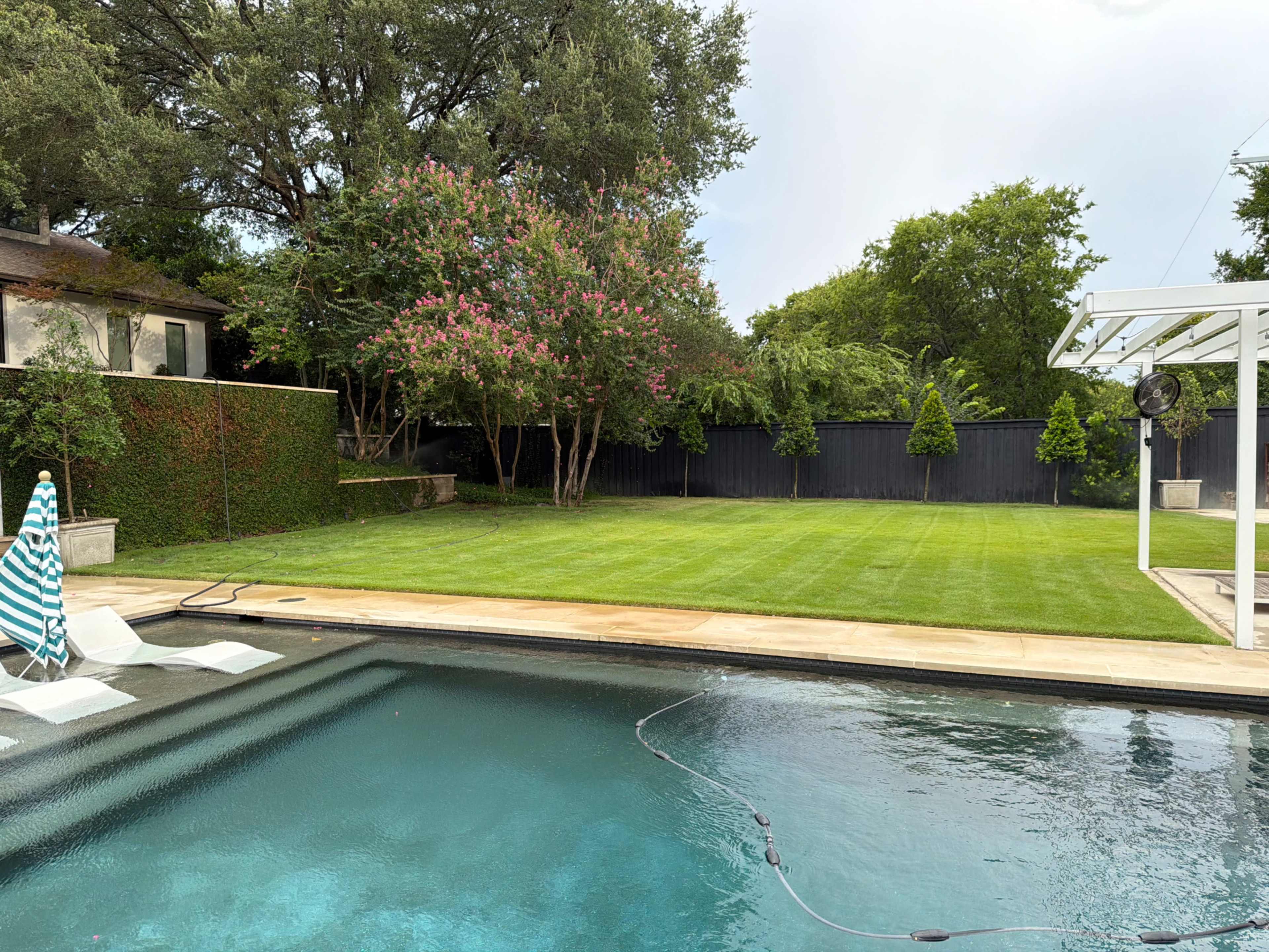 The image shows a backyard with a swimming pool, a well-manicured lawn, and trees along the perimeter.