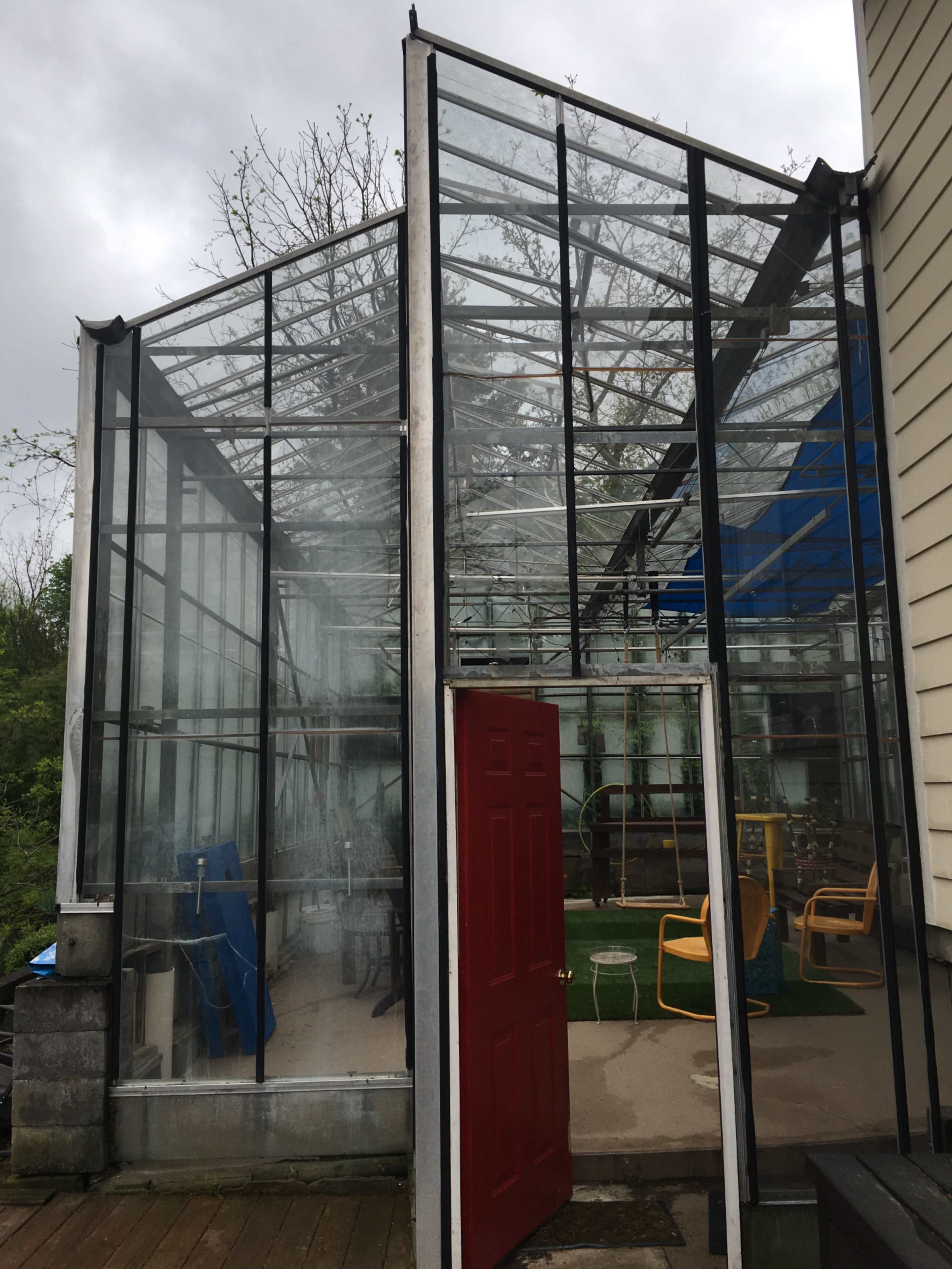 A glass greenhouse with a red door is situated next to a house, showing a view of the interior and surrounding greenery.
