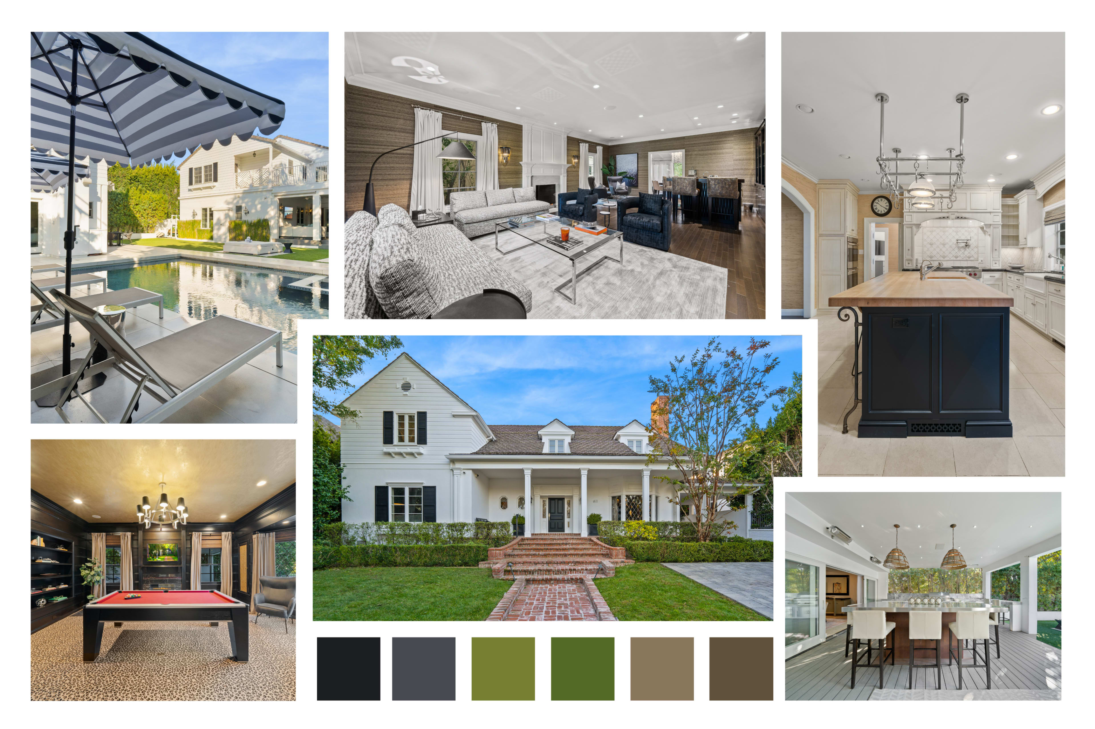 The image features a collage of various interior and exterior views of a luxury home, including a pool area, living room, kitchen, game room, and front facade.