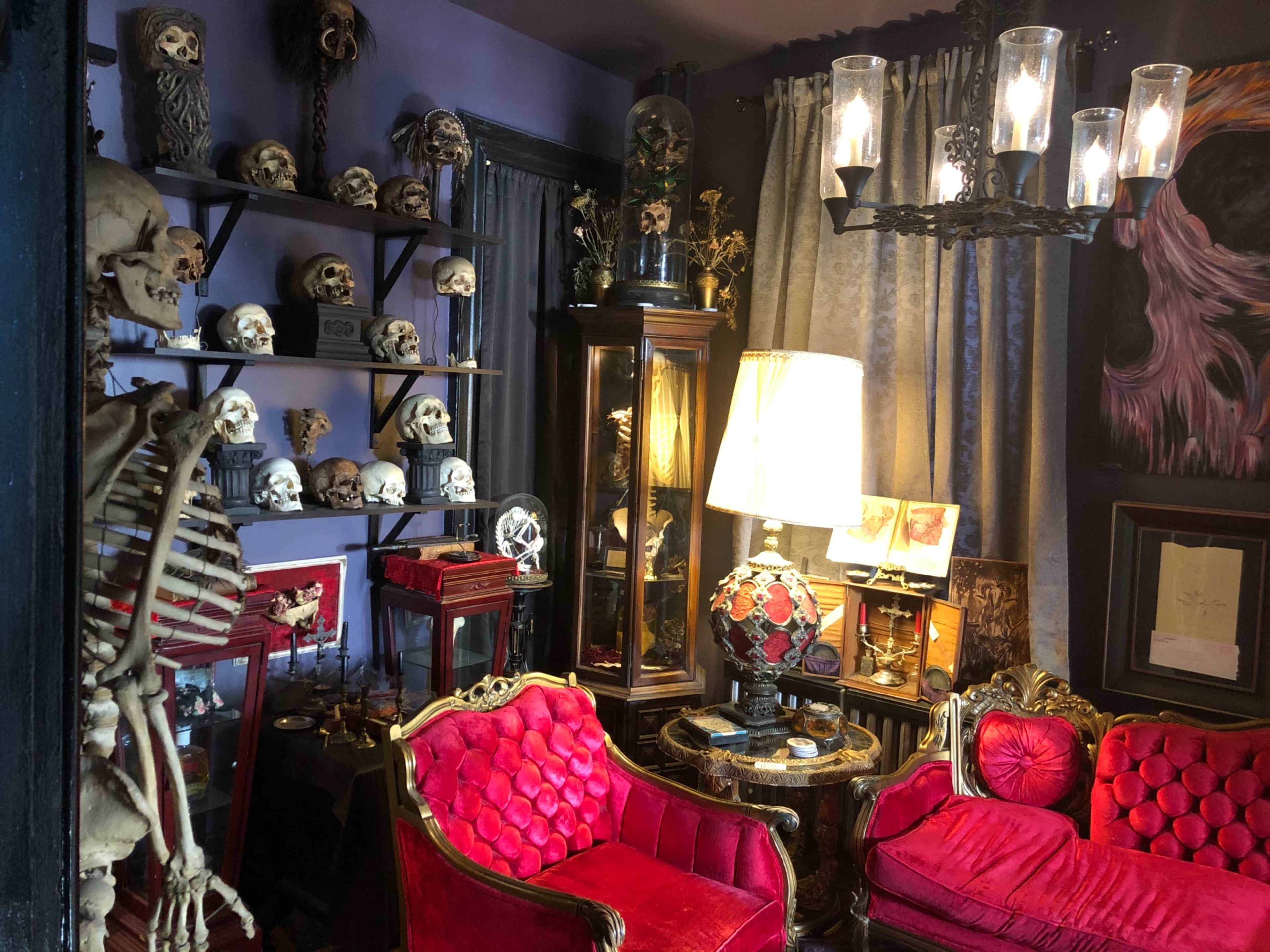 The room features antique furniture, shelves lined with skulls, and a chandelier illuminating various ornate decorations.