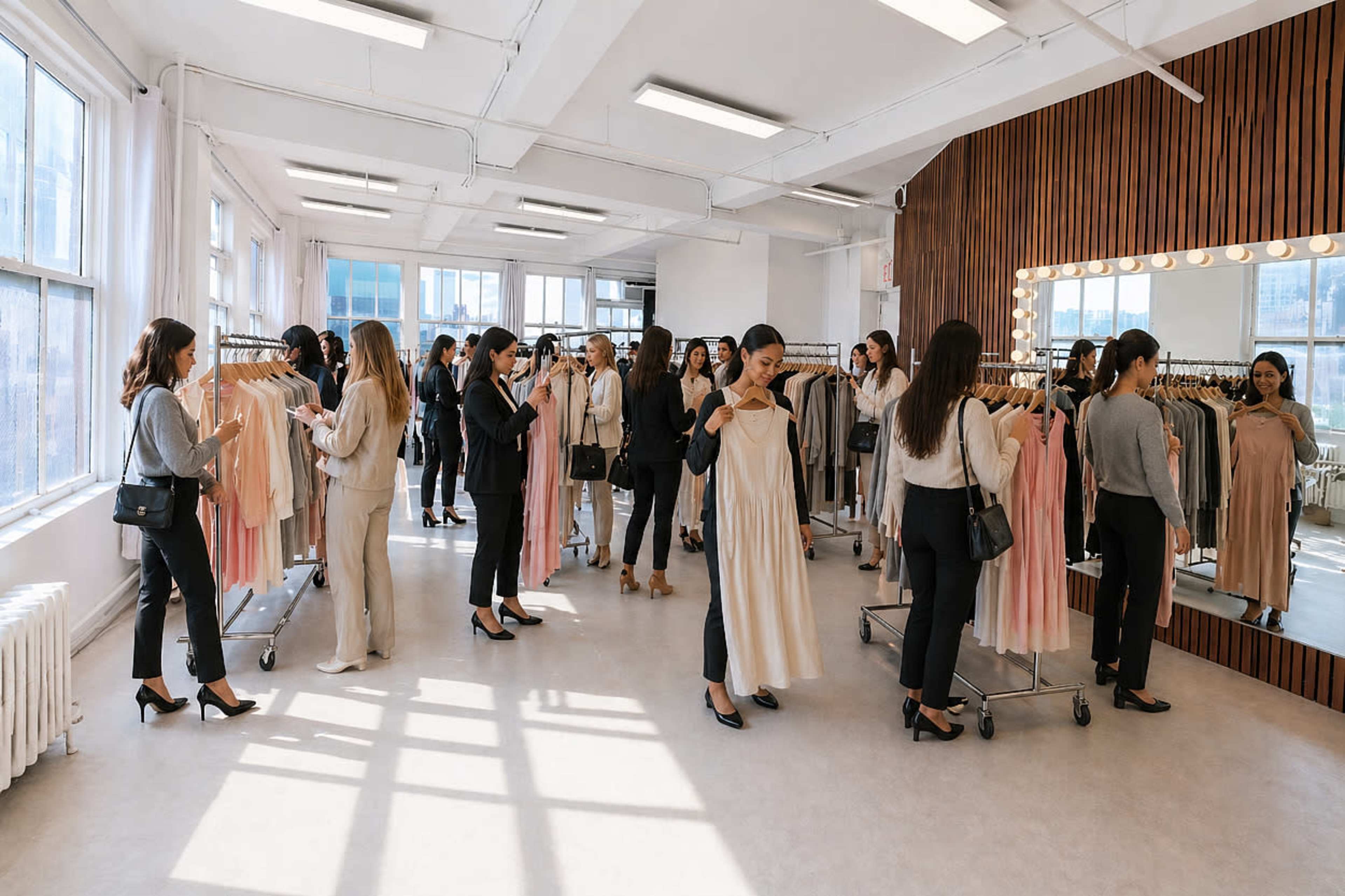 A group of women browse clothing on racks in a spacious, well-lit boutique with large mirrors and wooden accents.