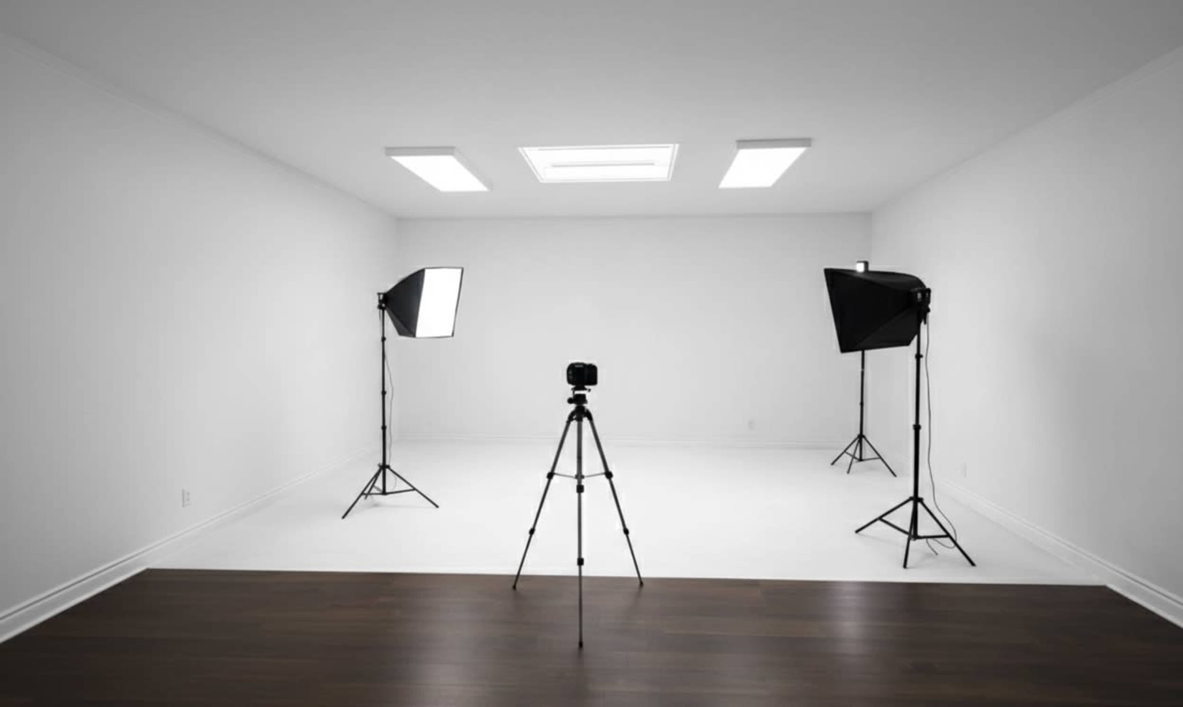 A vacant studio space features a camera on a tripod, flanked by two softbox lights and illuminated by overhead skylights.