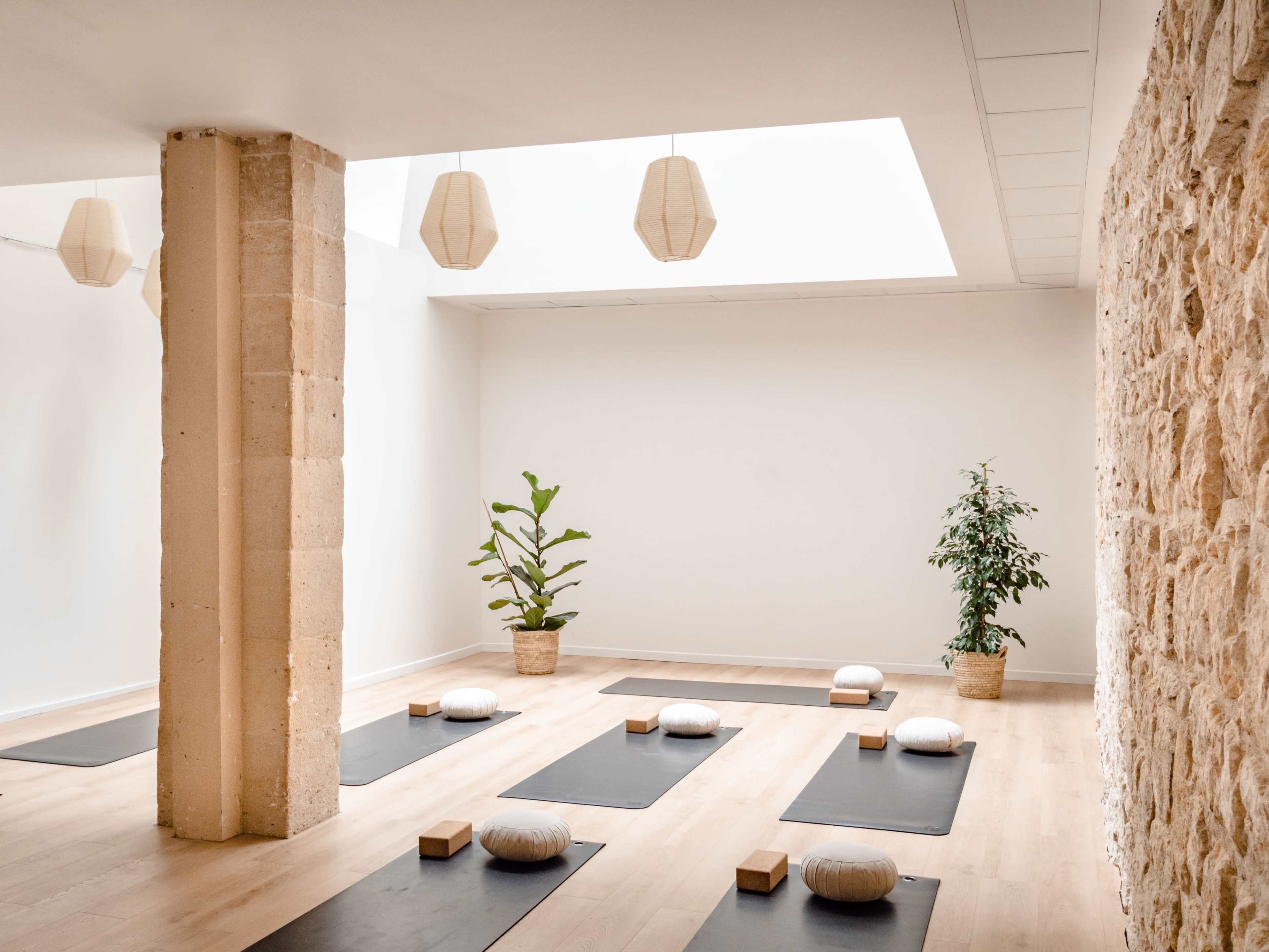 A spacious yoga studio features wooden floors, neatly arranged mats with cushions, and plants in decorative pots.