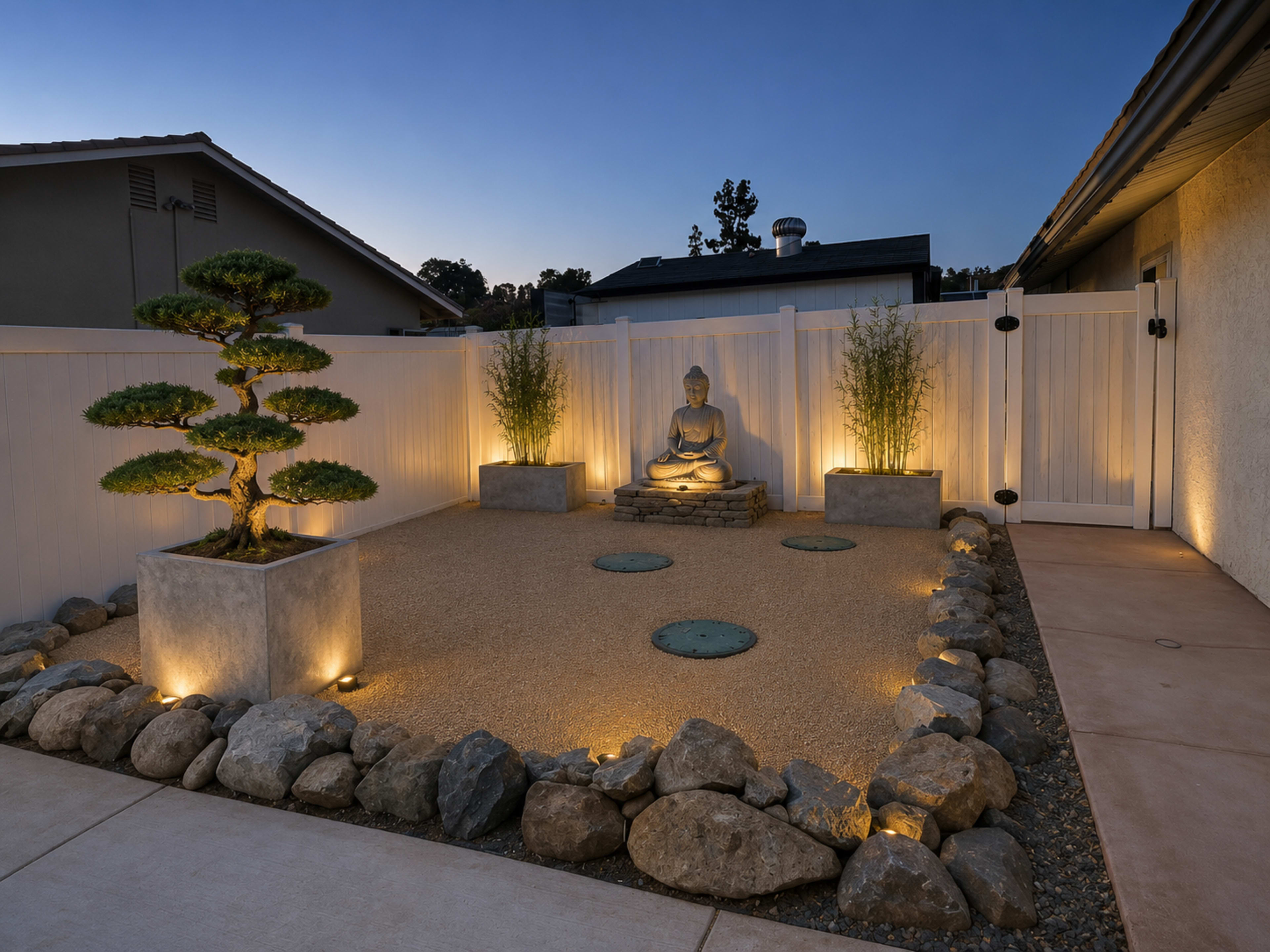 The image depicts a serene garden featuring a Buddha statue surrounded by gravel, carefully arranged rocks, bamboo plants, and a neatly trimmed bonsai tree, all illuminated by soft lighting at dusk.