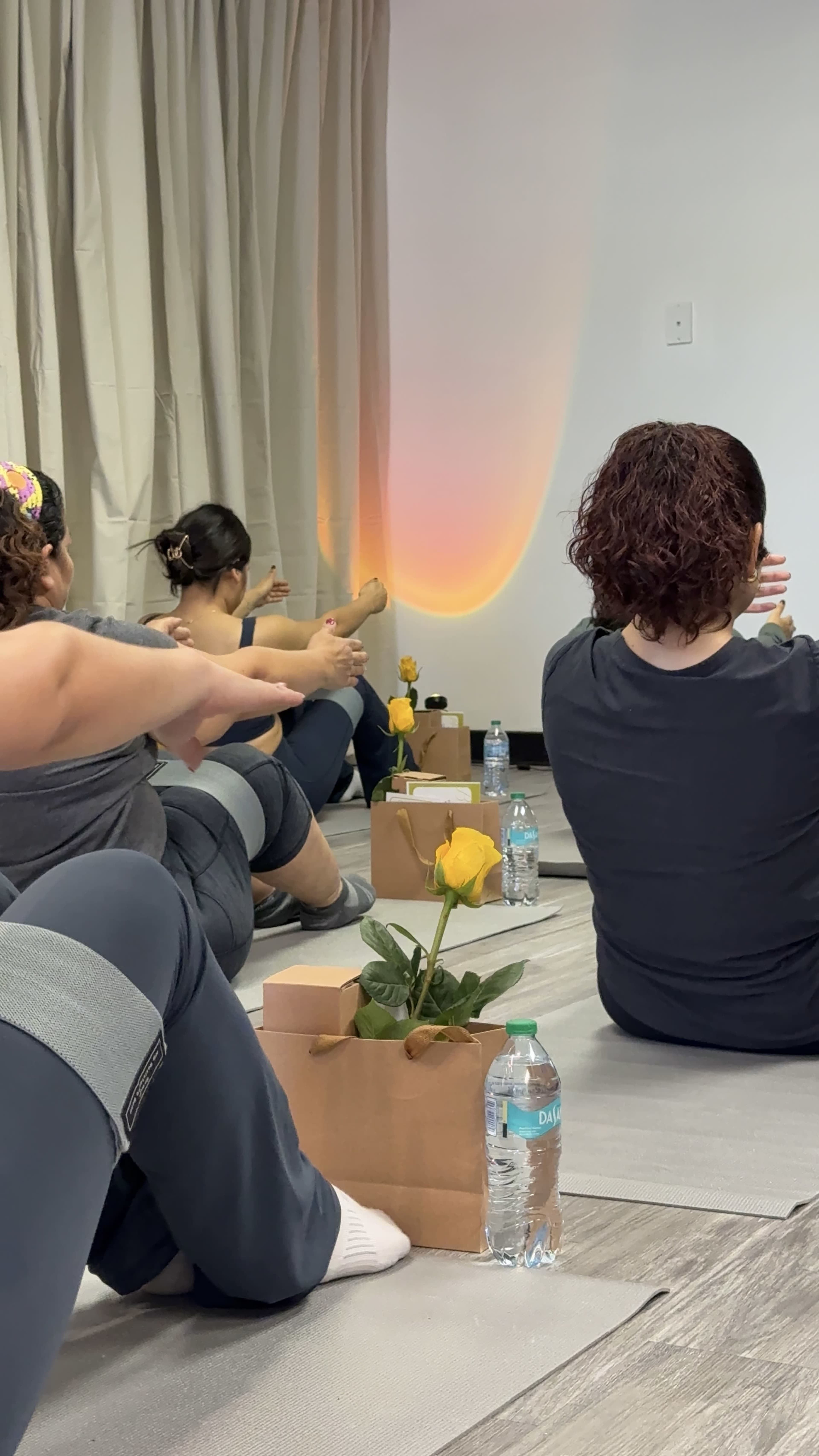 A group of individuals is engaged in a yoga class on a mat, with plants and water bottles placed nearby.
