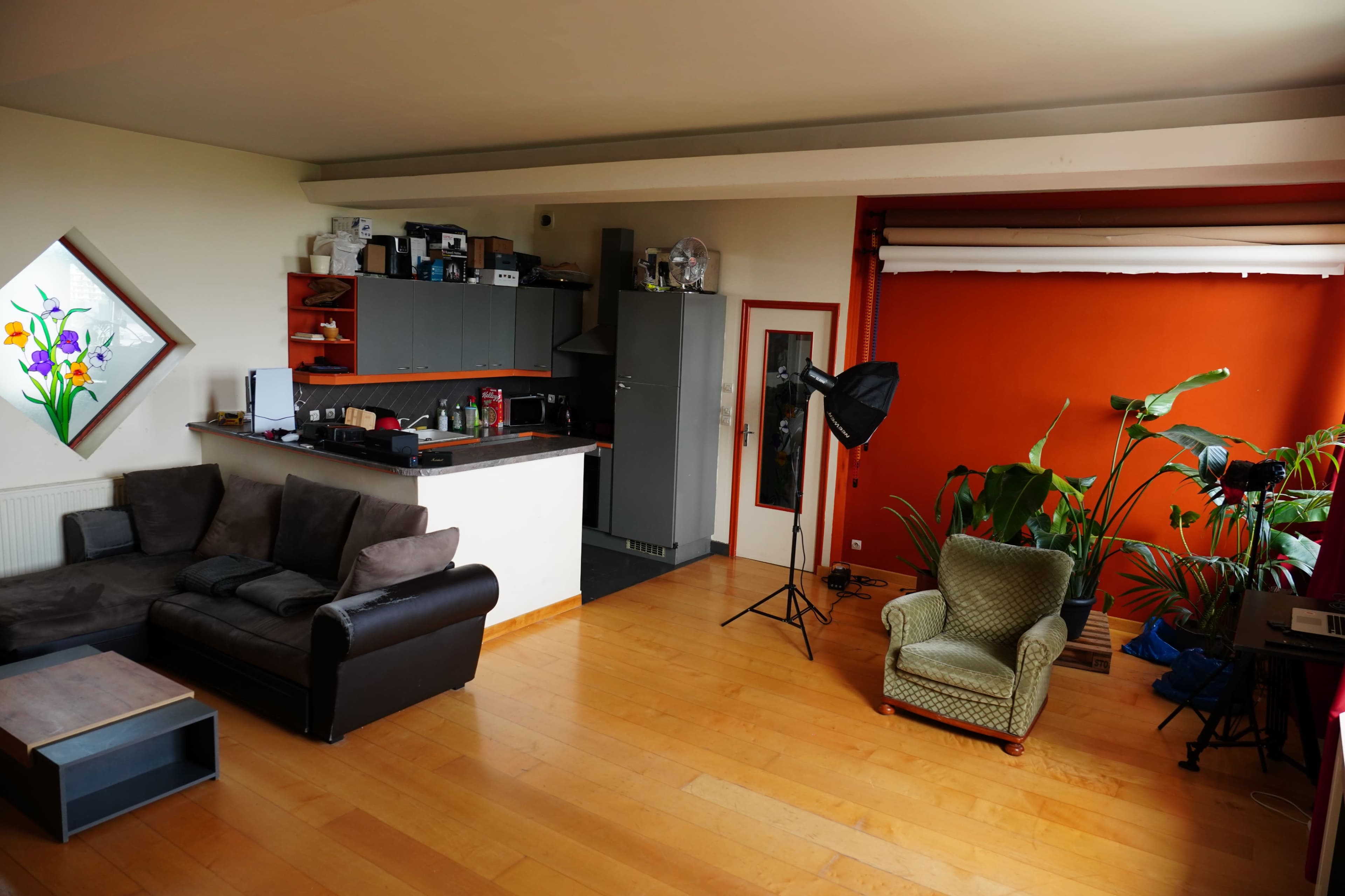 A spacious room featuring a kitchen area, a brown sofa, a green armchair, and large windows with indoor plants.