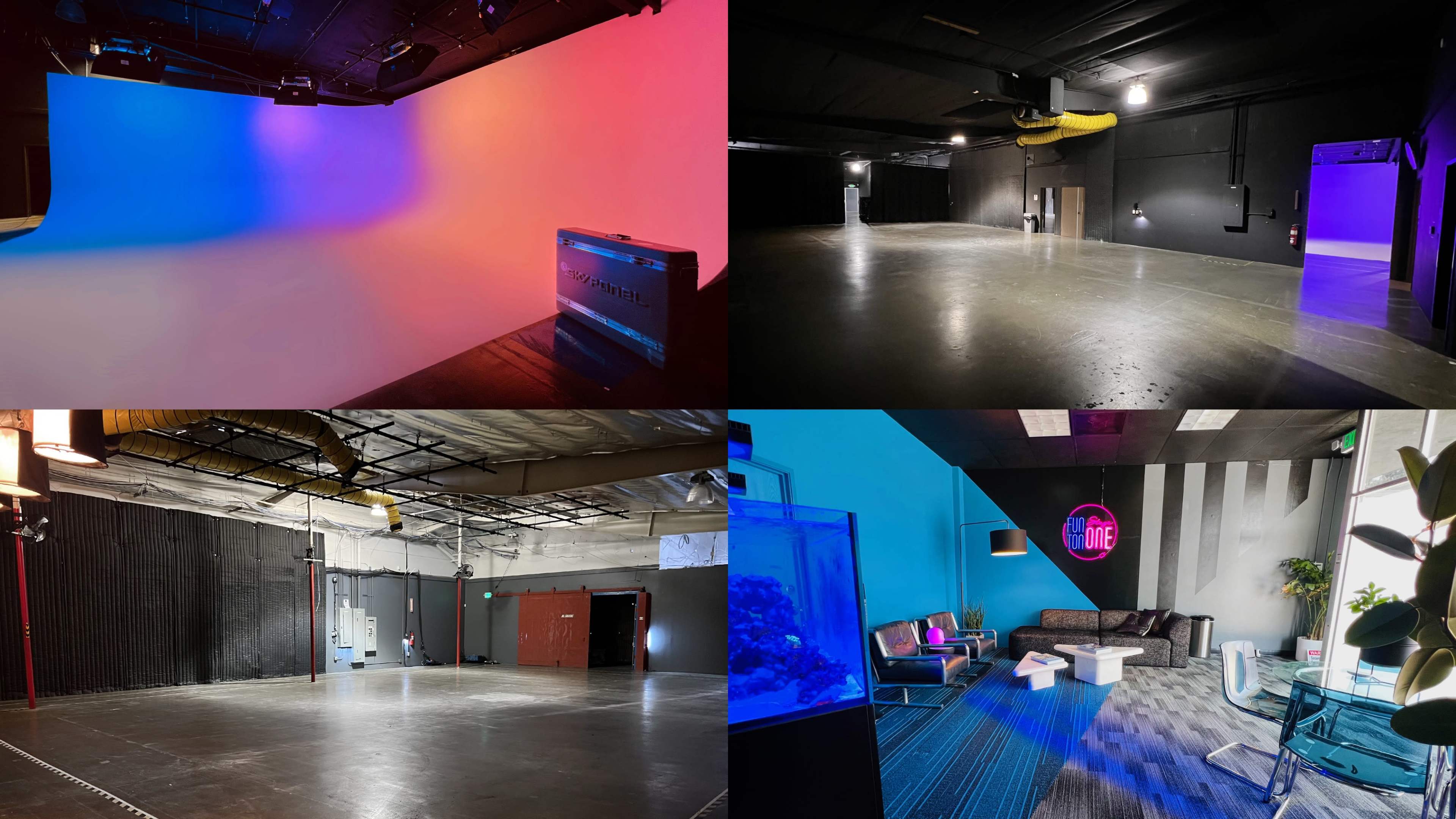 The image displays four different studio or event spaces, showcasing various wall colors and lighting setups, along with empty floors and seating areas.