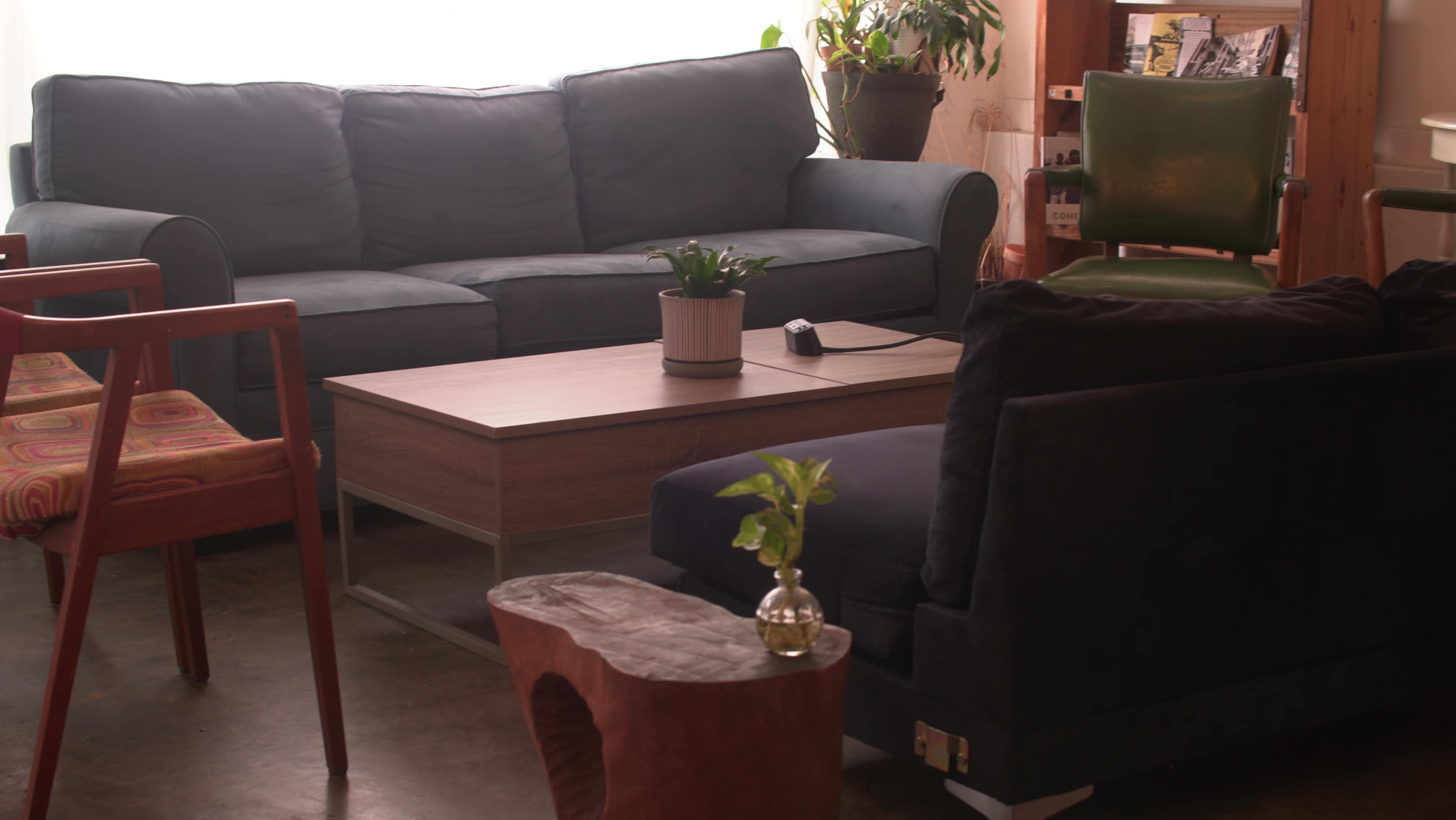 The image shows a cozy living room setting with a blue sofa, a wooden coffee table, a green chair, and a small wooden side table, all surrounded by plants.