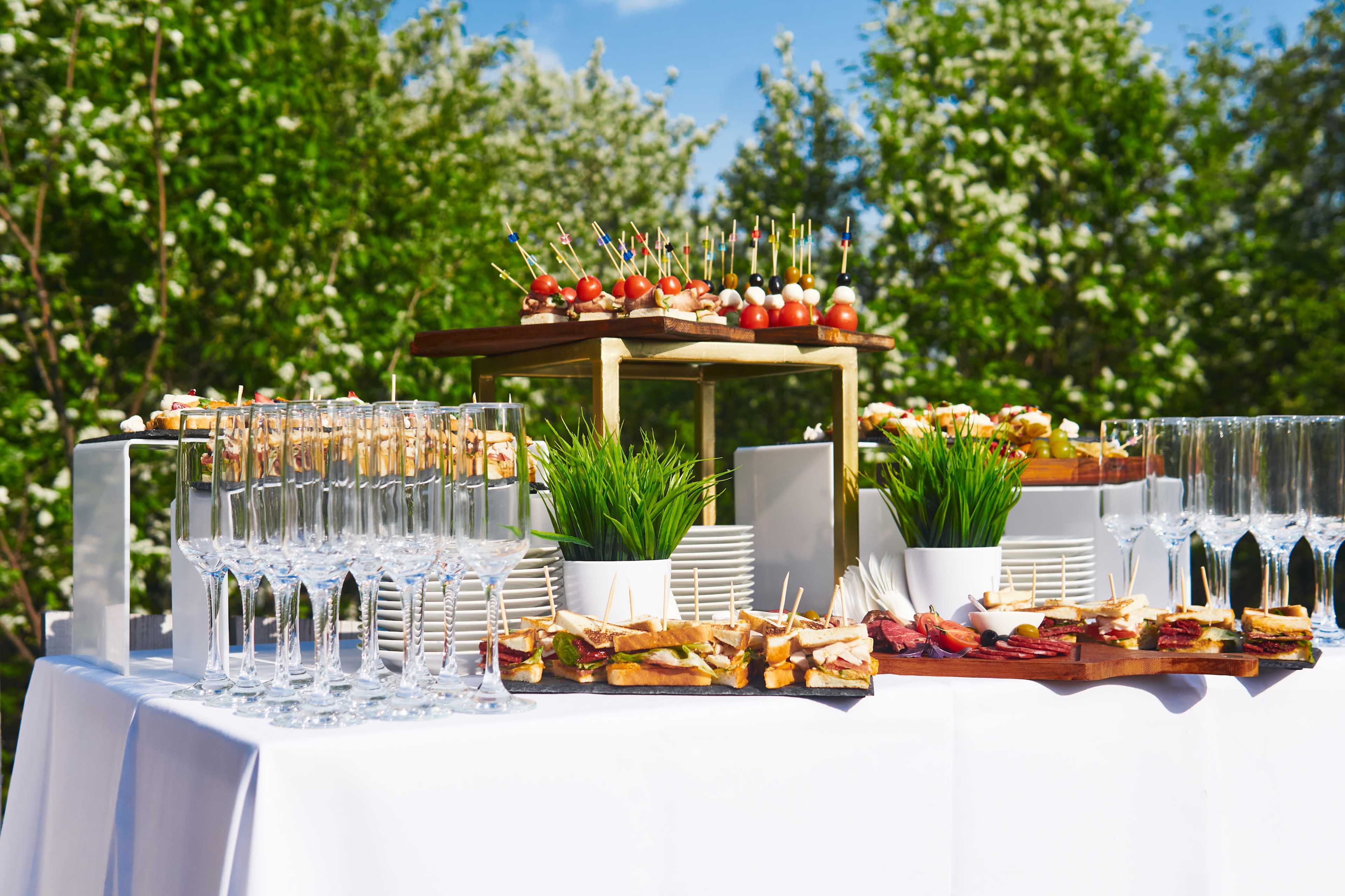 A buffet table is set with various appetizers, drinks, and decorative elements, surrounded by greenery.