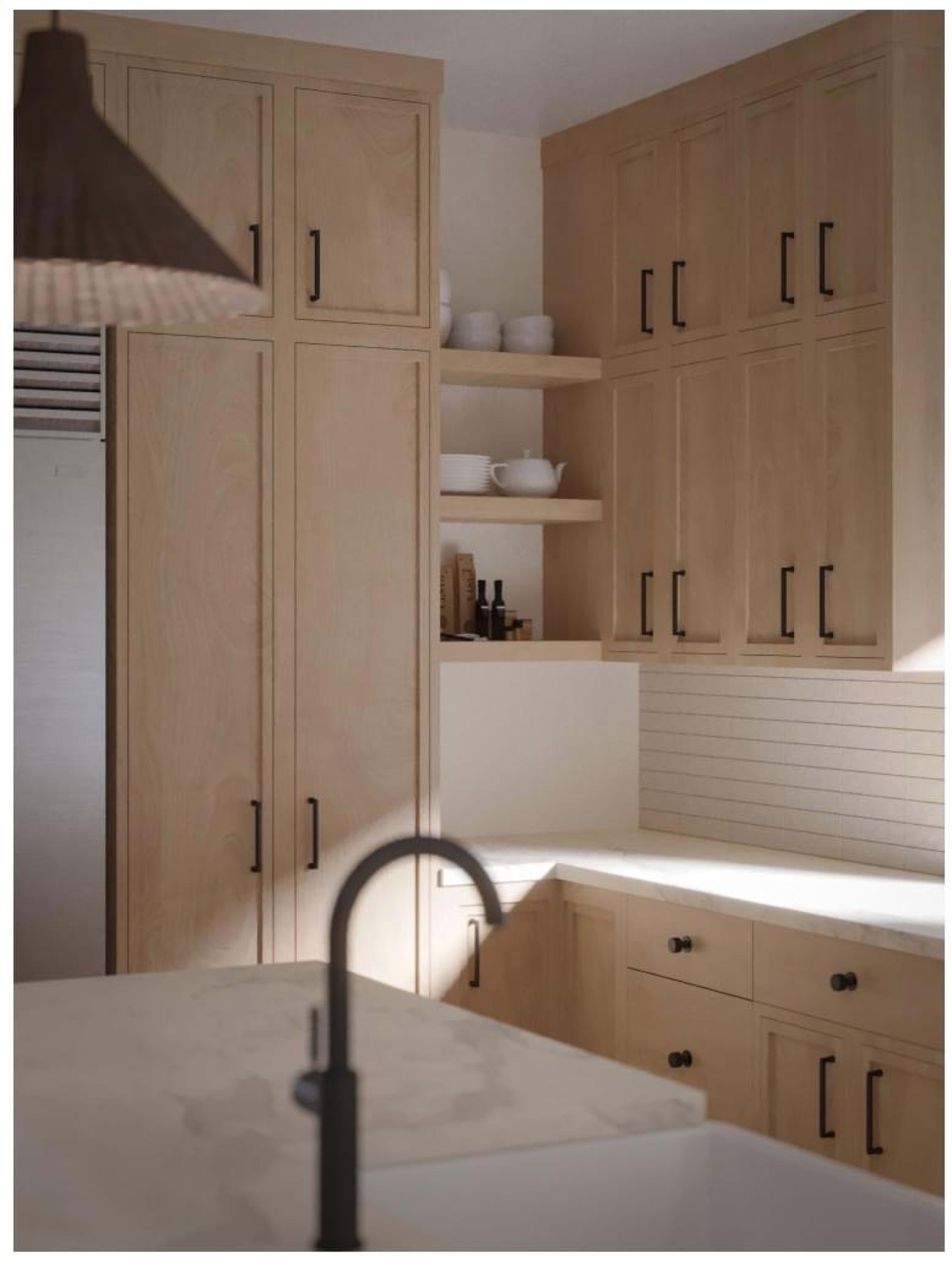 A modern kitchen with light wooden cabinetry, a white countertop, and open shelves holding dishware.