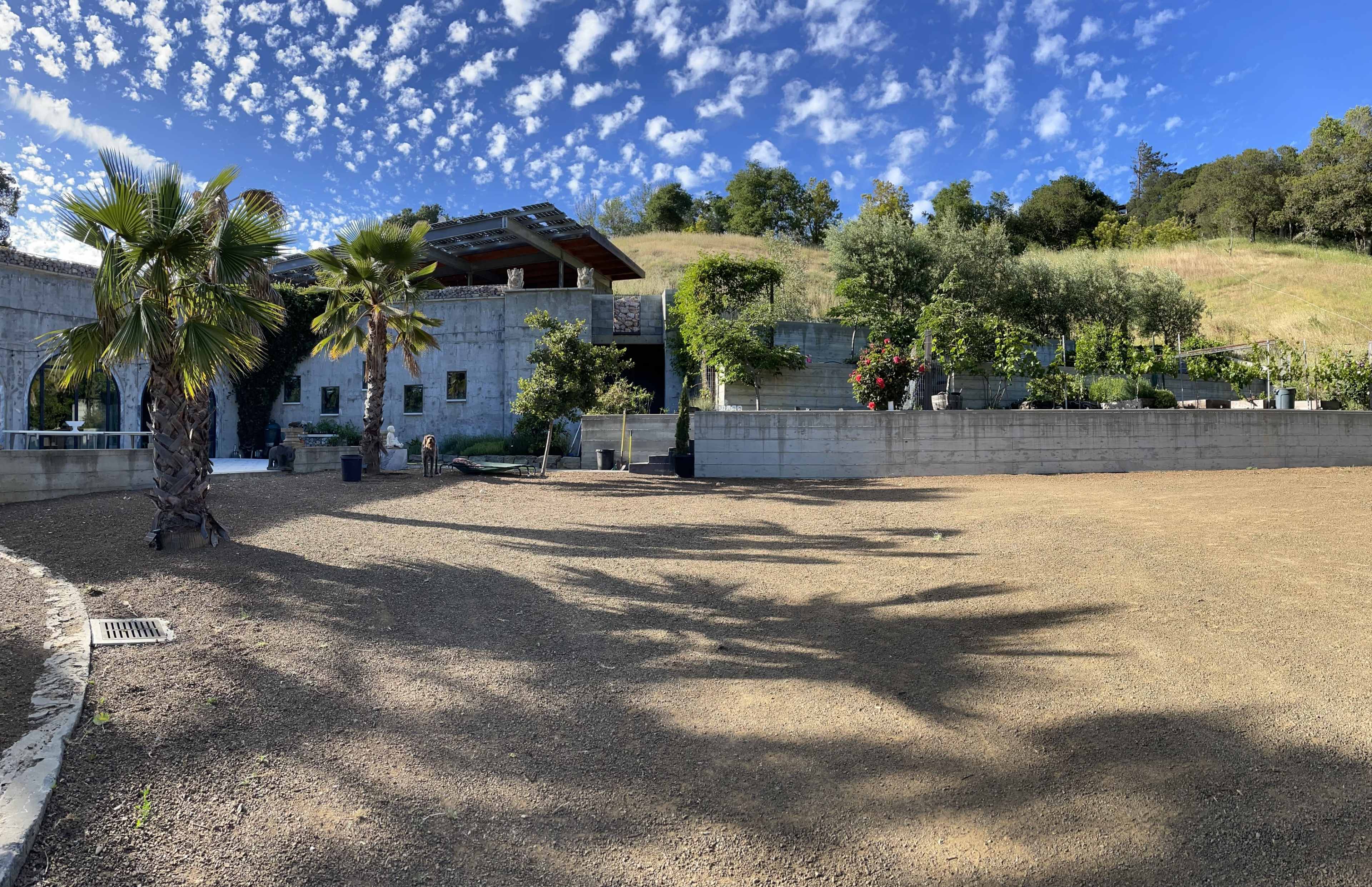 The image shows a large, modern building set against a hillside with scattered clouds and a landscaped area featuring palm trees and greenery.