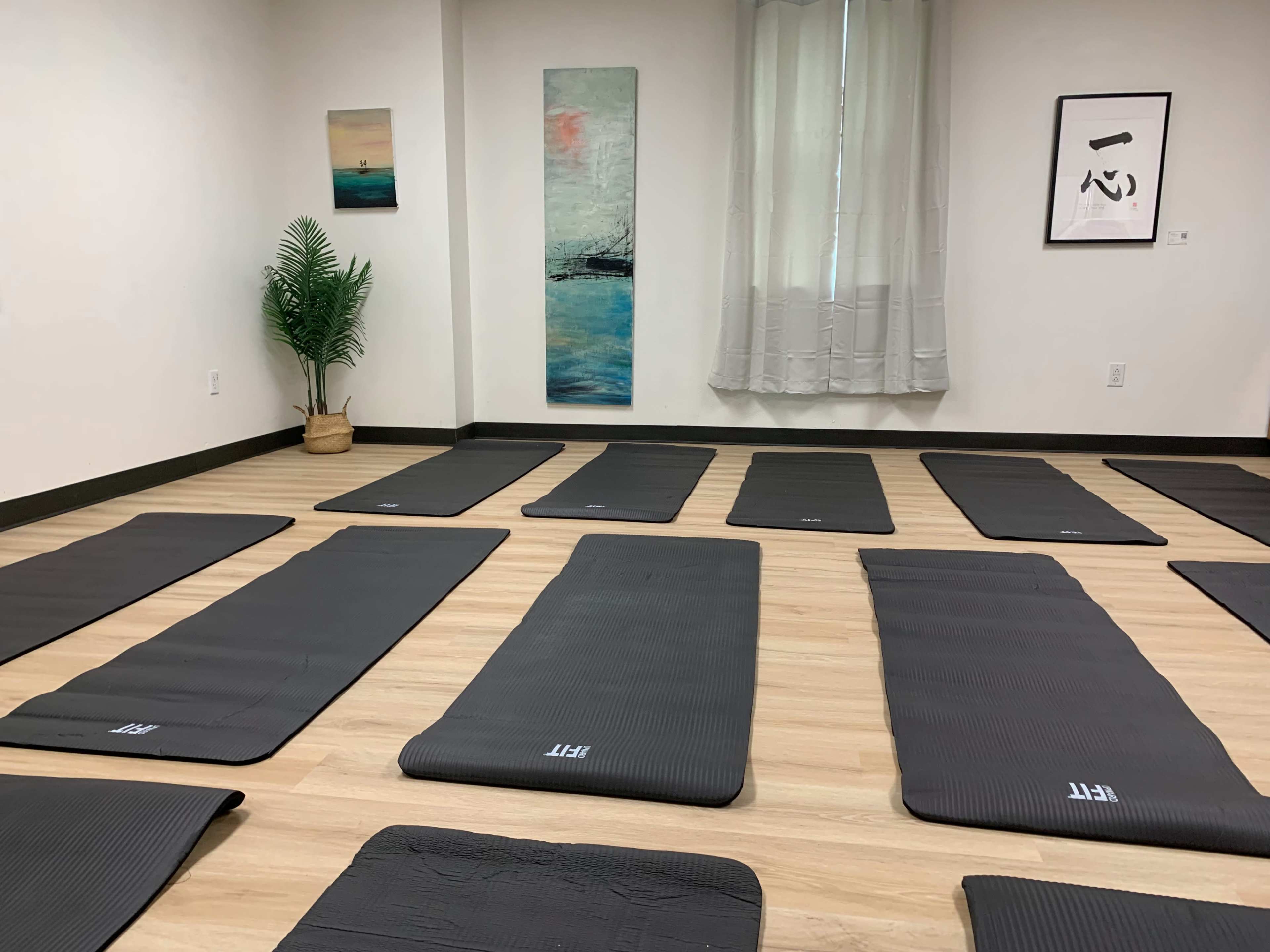 The image shows a room with multiple black exercise mats arranged neatly on a wooden floor, with a large window and a few decorative elements including plants and artwork on the walls.