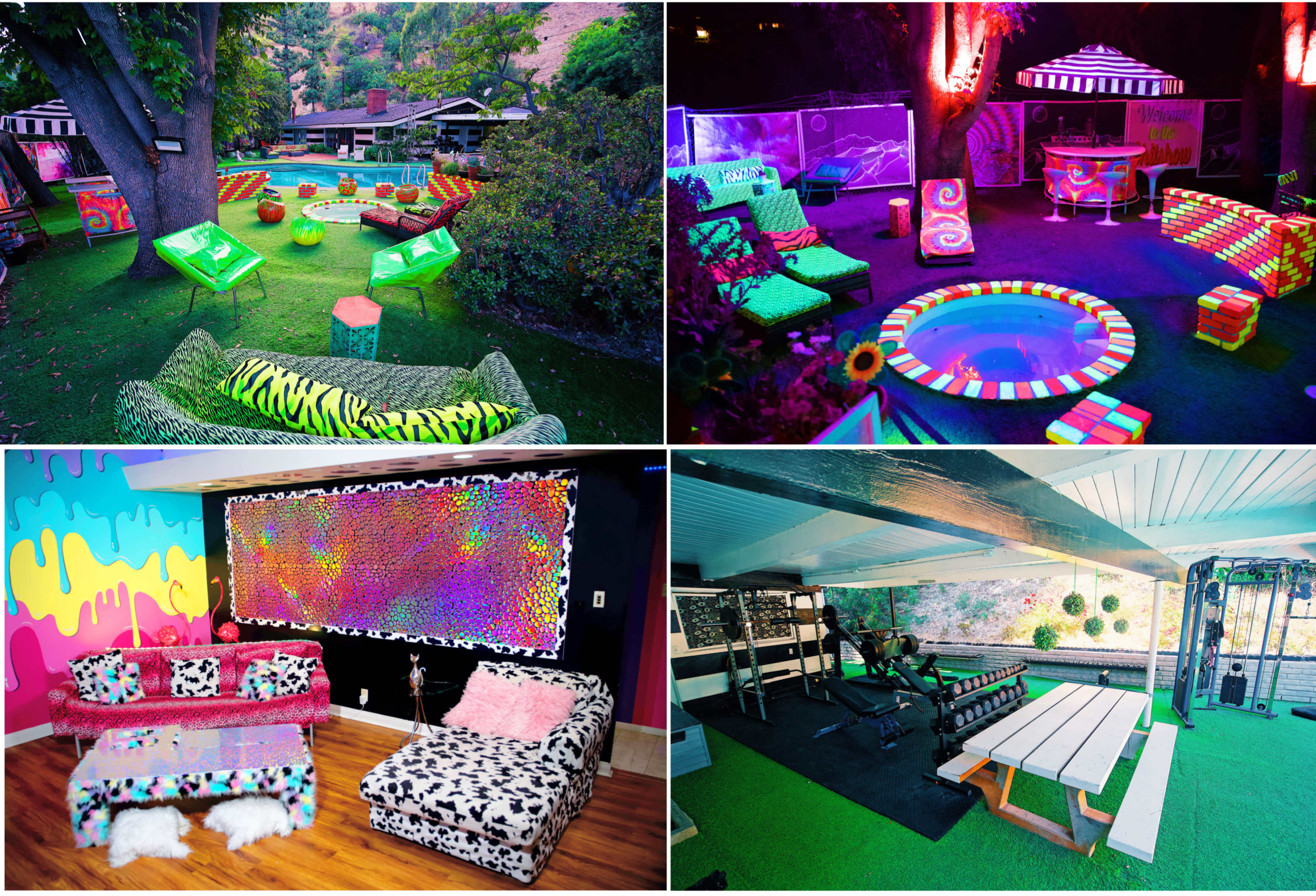 Brightly colored outdoor and indoor spaces with neon decorations, lounge areas, and a gym setup.