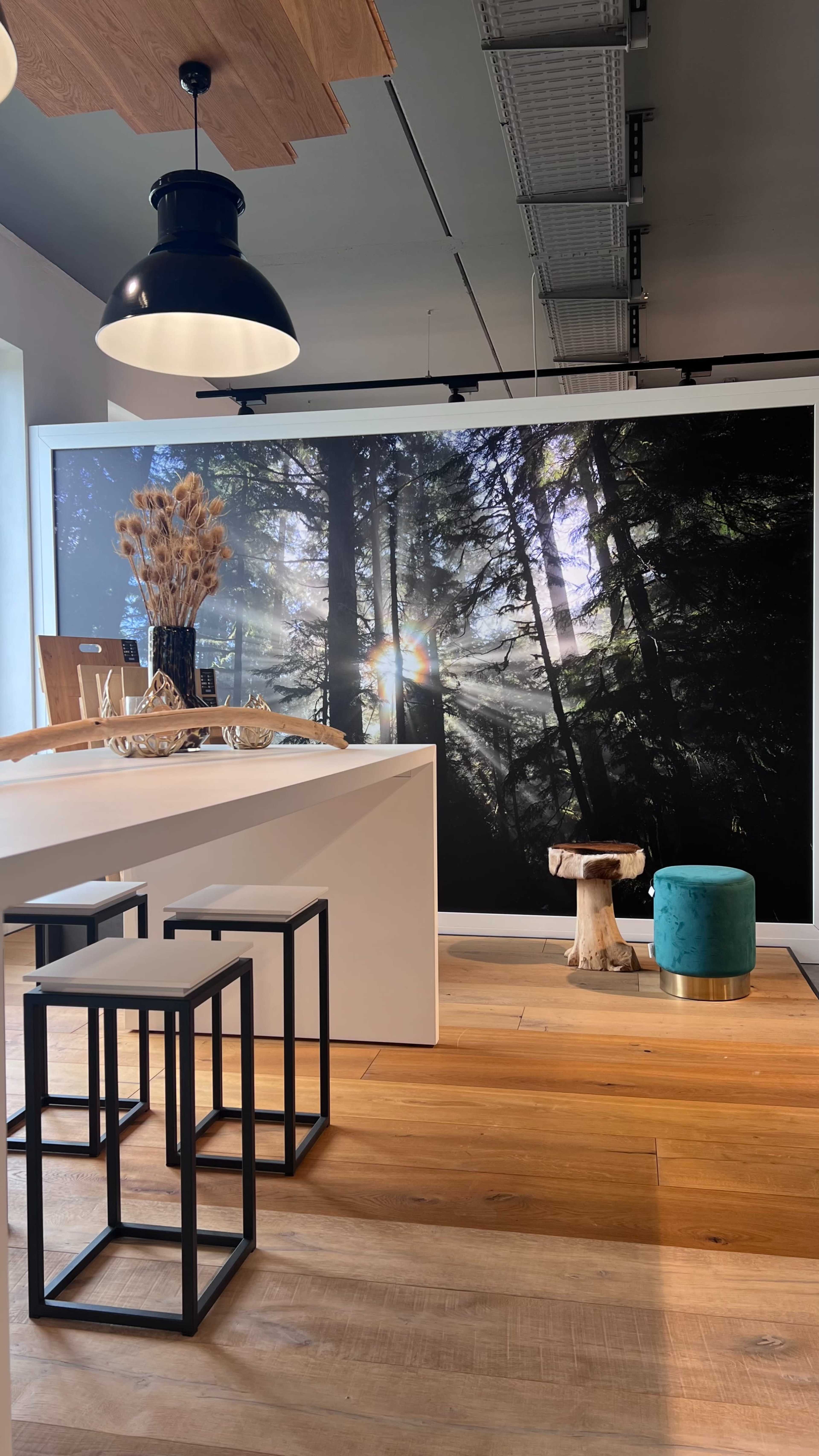A modern dining area features a white table and black stools, complemented by a large forest-themed backdrop and natural decor elements.