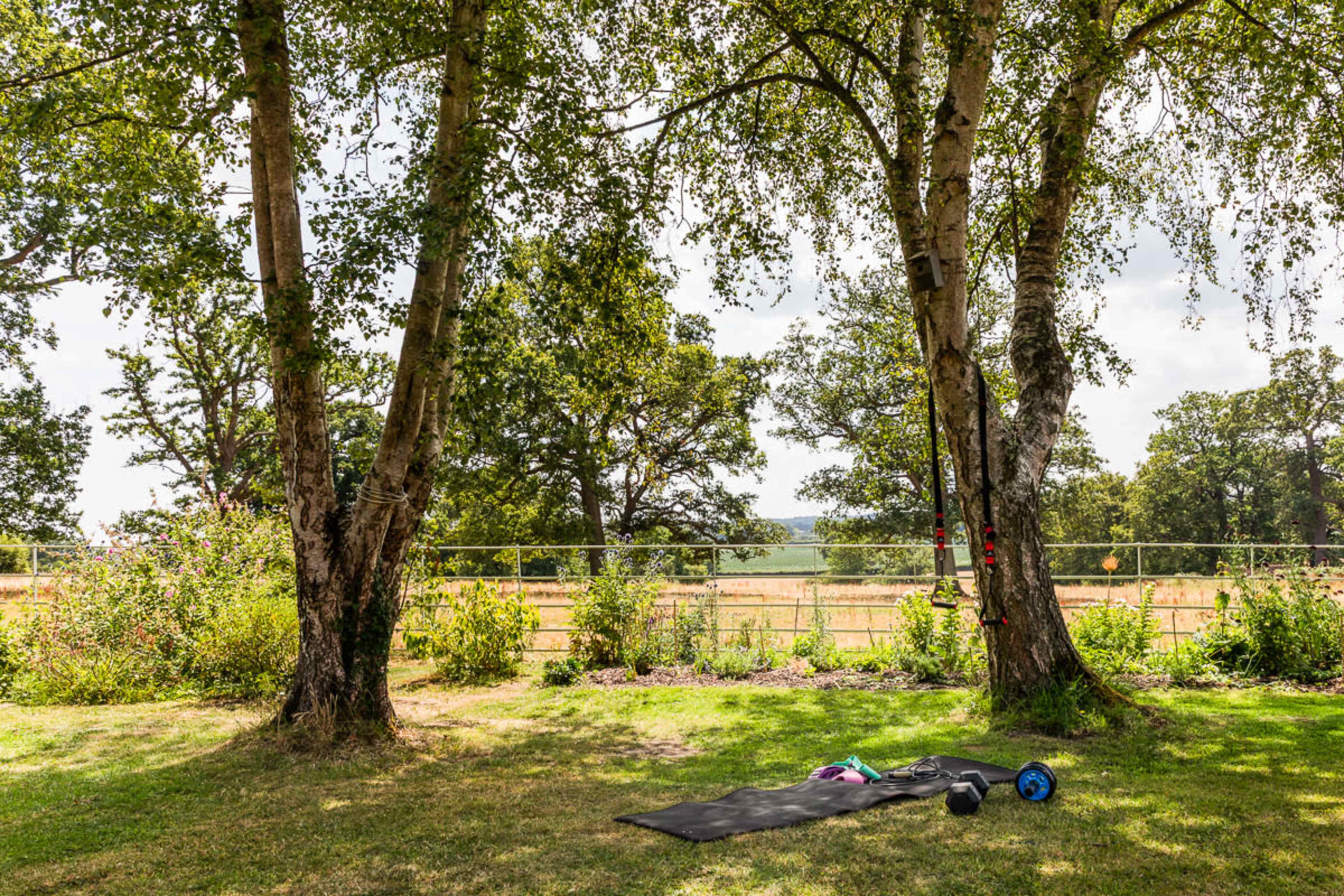 A workout area is set up on the grass between two trees, featuring a yoga mat, weights, and exercise straps, with a fenced field visible in the background.