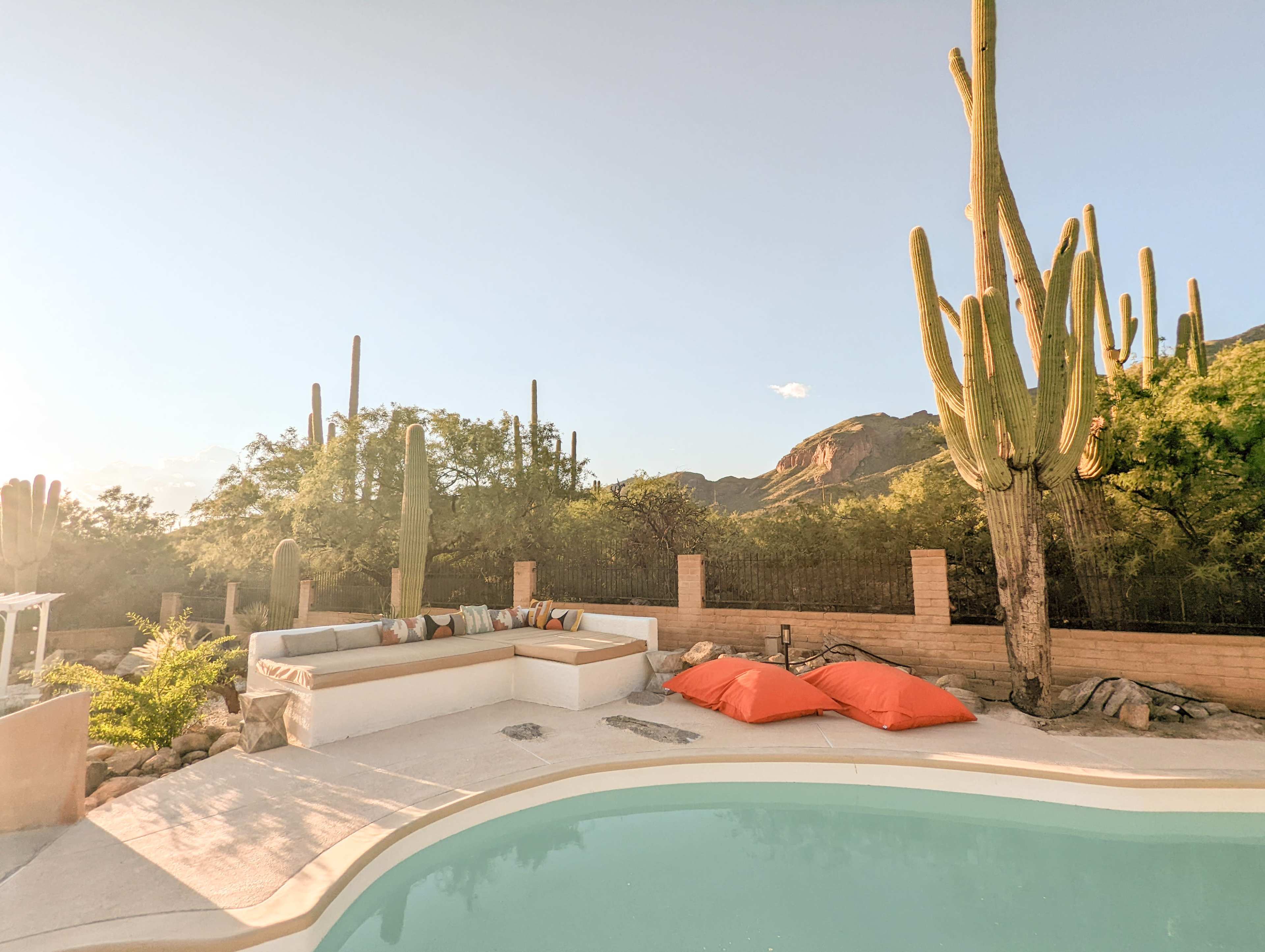 A swimming pool sits next to a seating area, surrounded by desert vegetation and tall cacti under a clear sky.