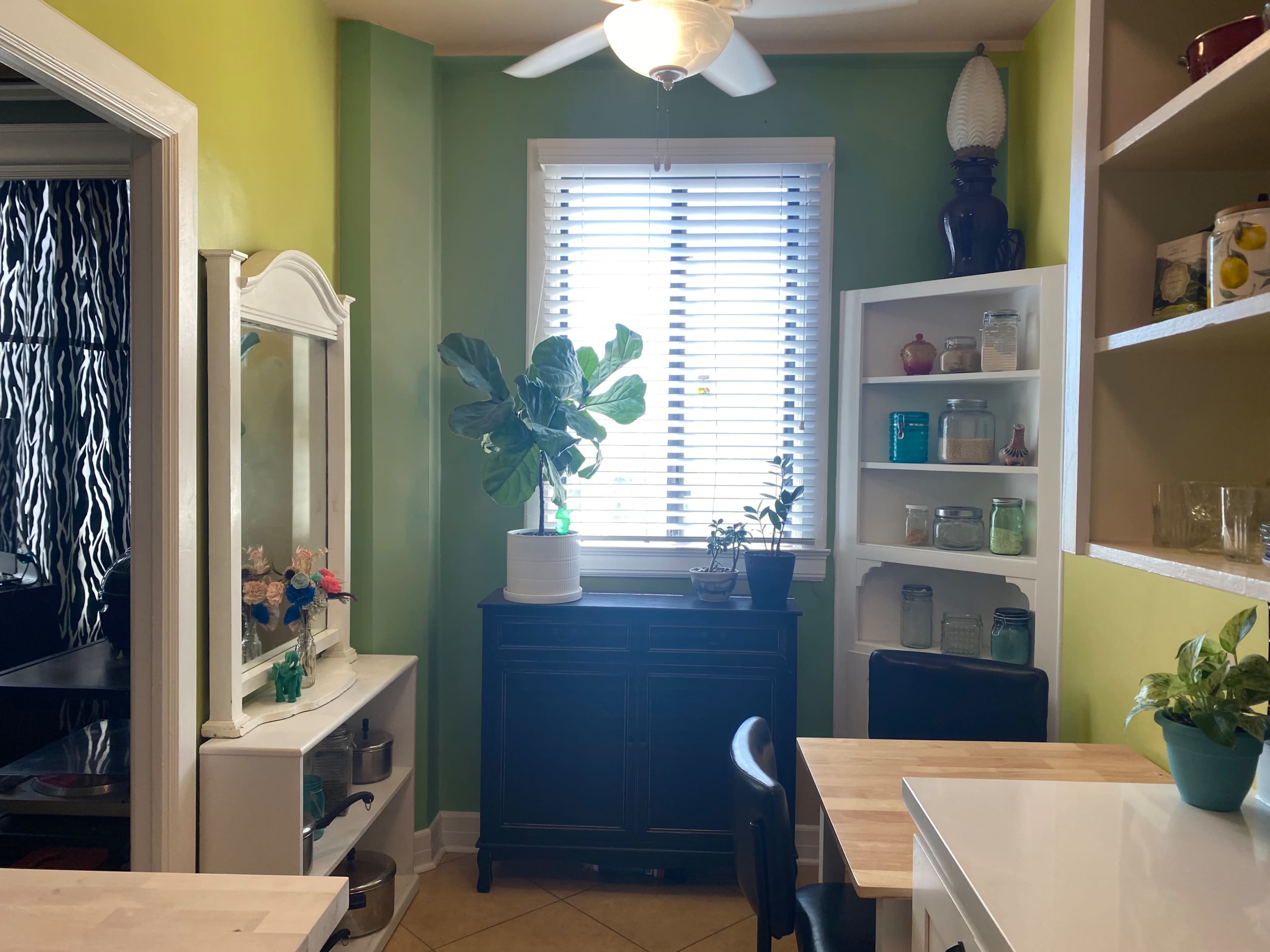 A small kitchen features green walls, a window with blinds, and a corner table beside a cabinet with plants and various kitchen items.