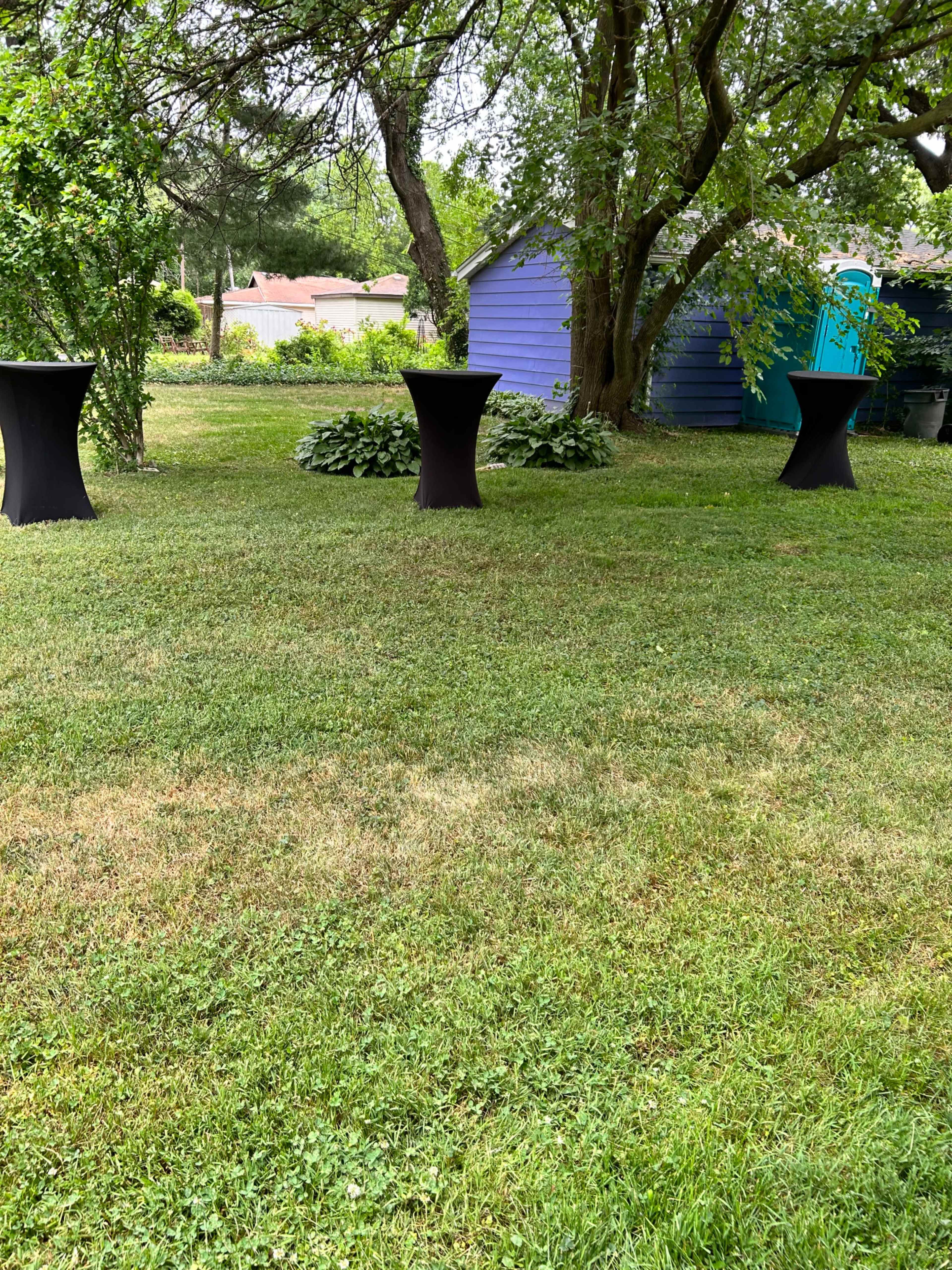The image features a grassy backyard with three tall, black tablecloth-covered tables arranged on the lawn, surrounded by greenery and a blue shed in the background.