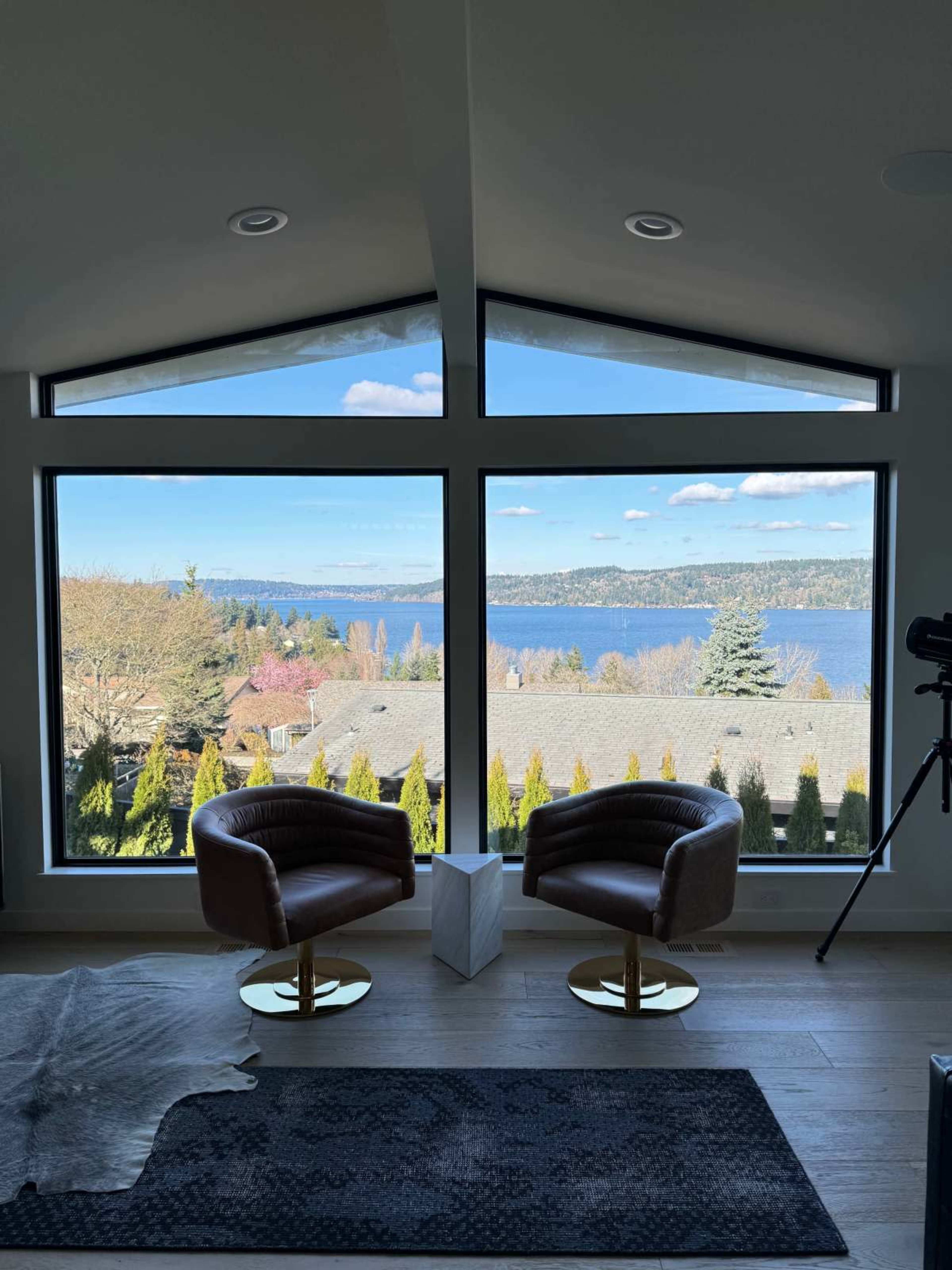 The image shows a modern interior with two brown leather chairs facing large windows that provide a view of a lake and surrounding landscape.