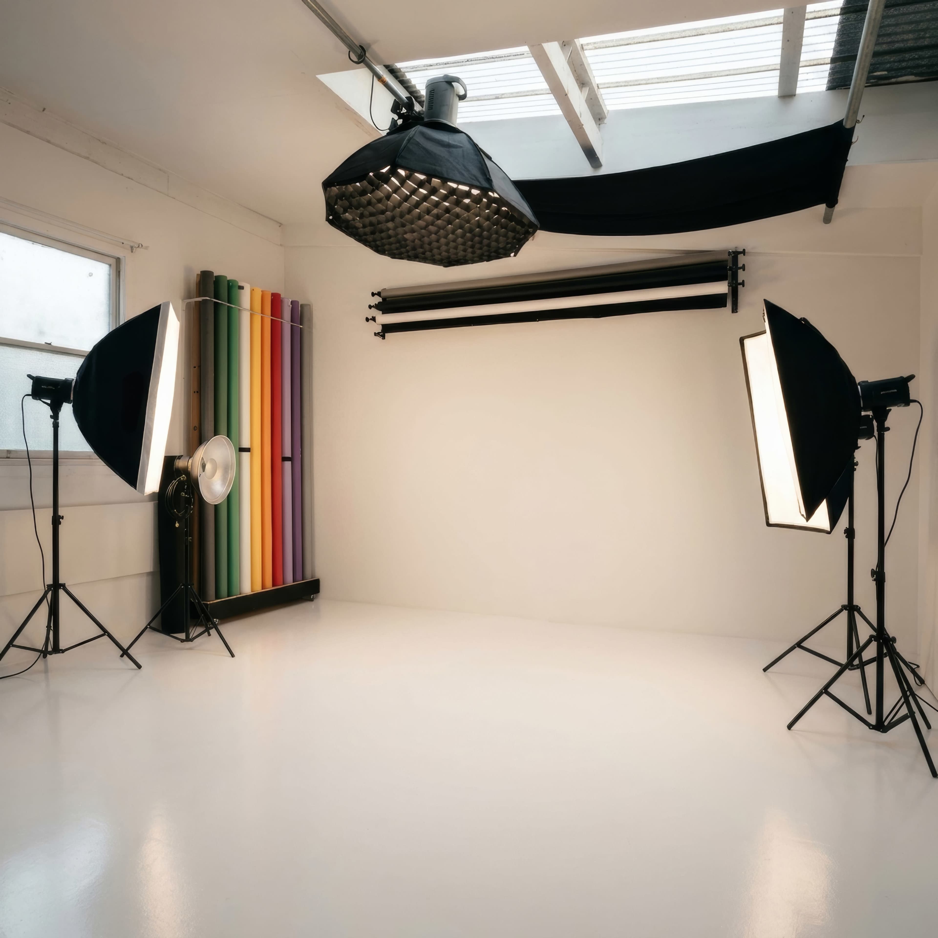 The image shows a photography studio with two large softbox lights, a fan, and colorful backdrops arranged vertically against the wall.