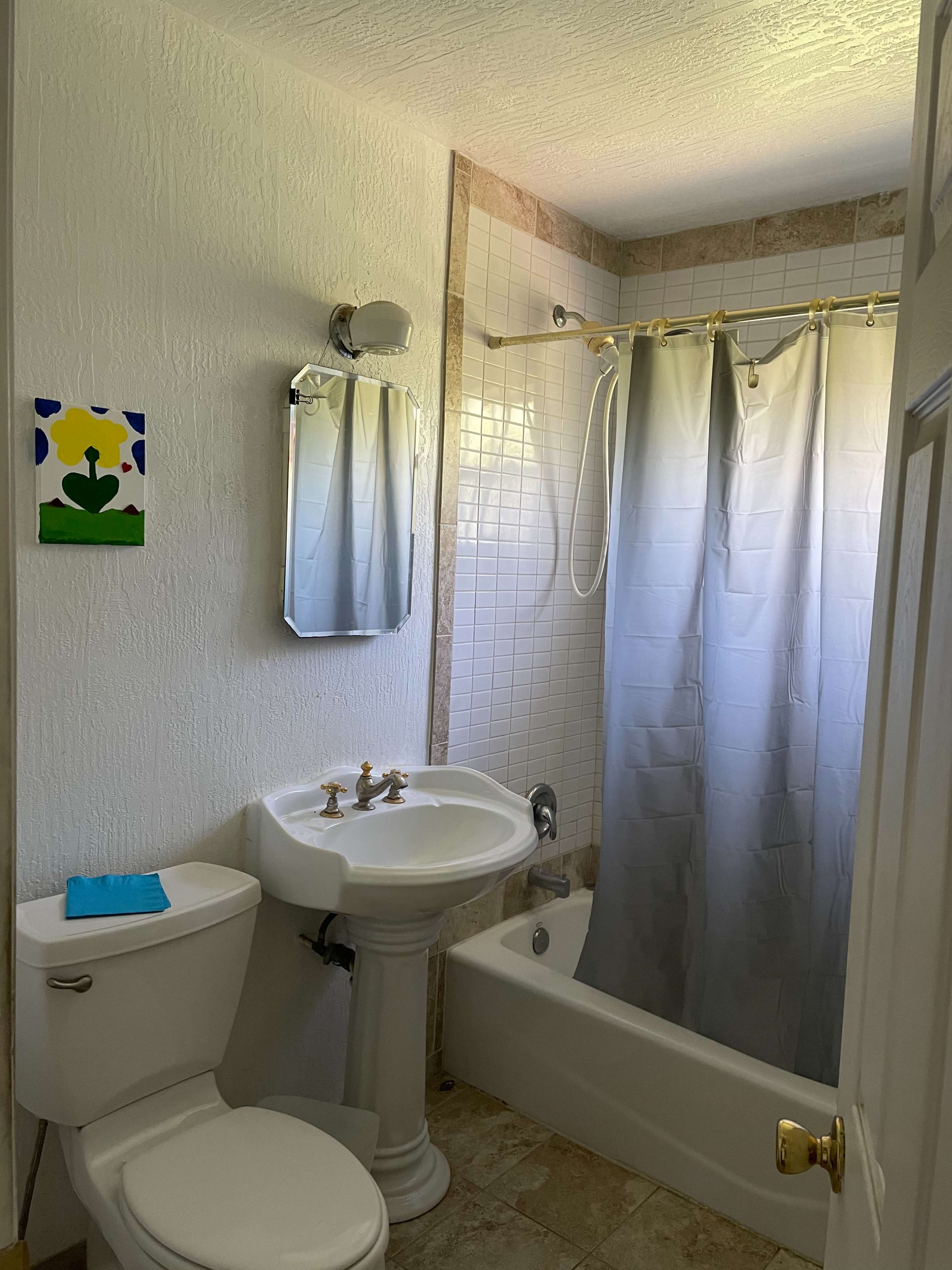 A small bathroom with a sink, a toilet, and a bathtub with a shower curtain, along with a small painting on the wall.