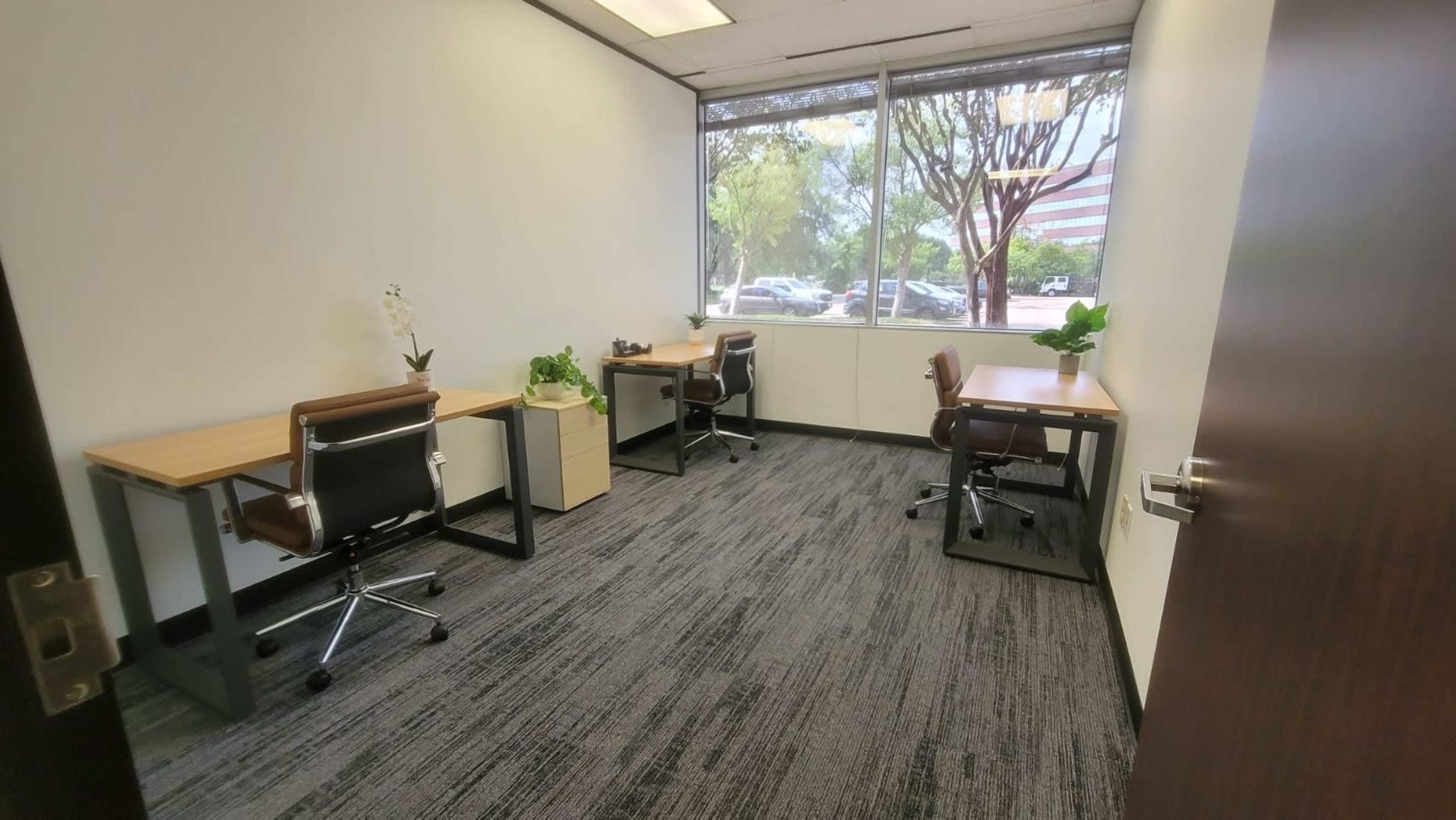 The image shows a minimalistic office space with two desks, a file cabinet, and large windows overlooking a parking area and trees outside.