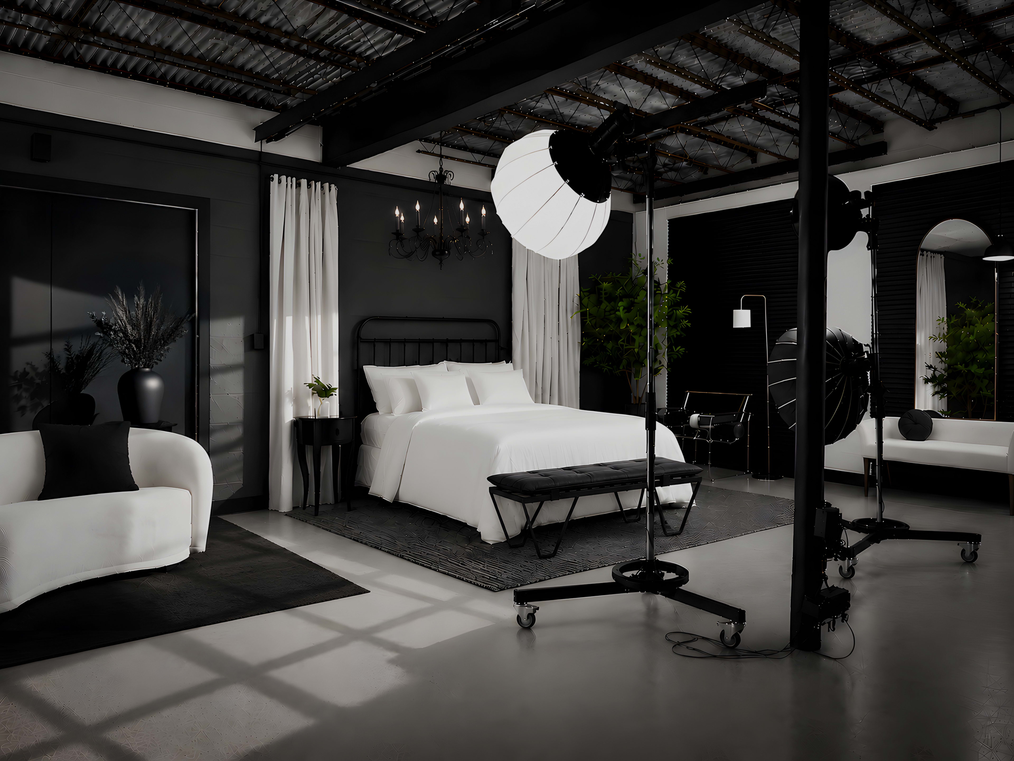 The image shows a modern bedroom setup with a bed, a seating area, and studio lighting equipment in a spacious, industrial-style interior.
