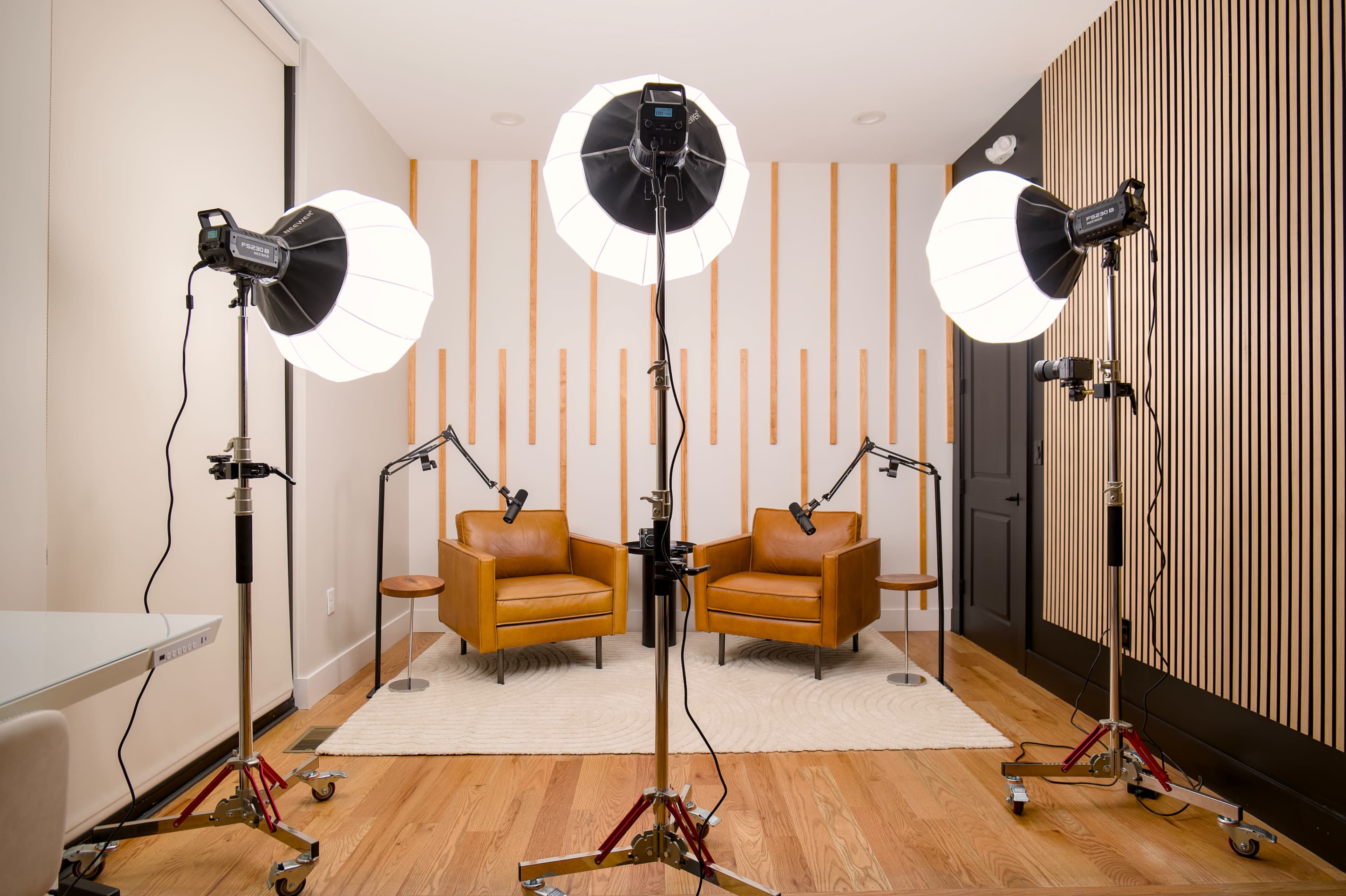 The image shows a brightly lit studio setup featuring two brown leather chairs positioned on a rug, surrounded by three softbox lights on stands.