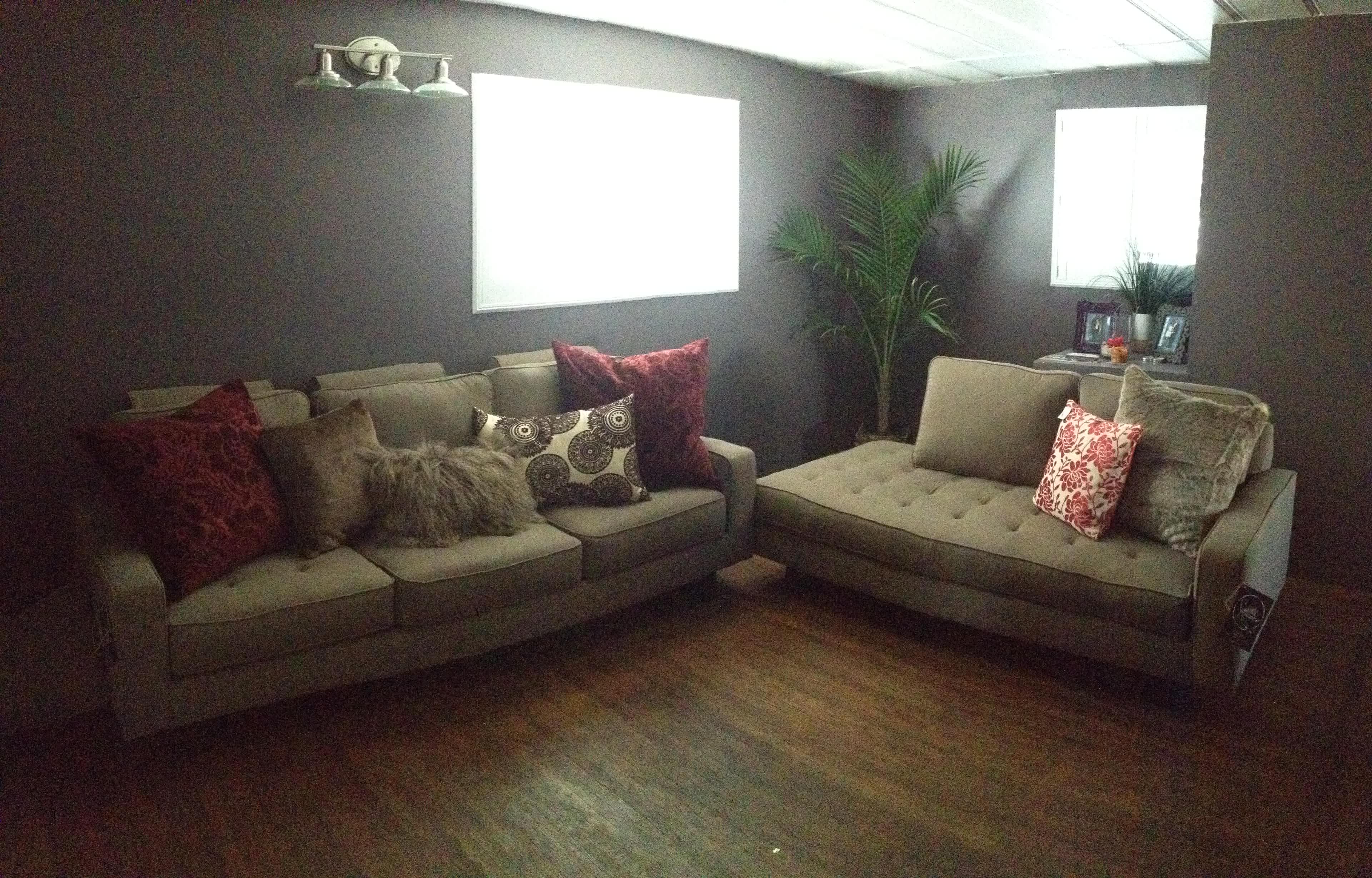 A living room with two sofas placed in a corner, surrounded by gray walls and a small indoor plant.