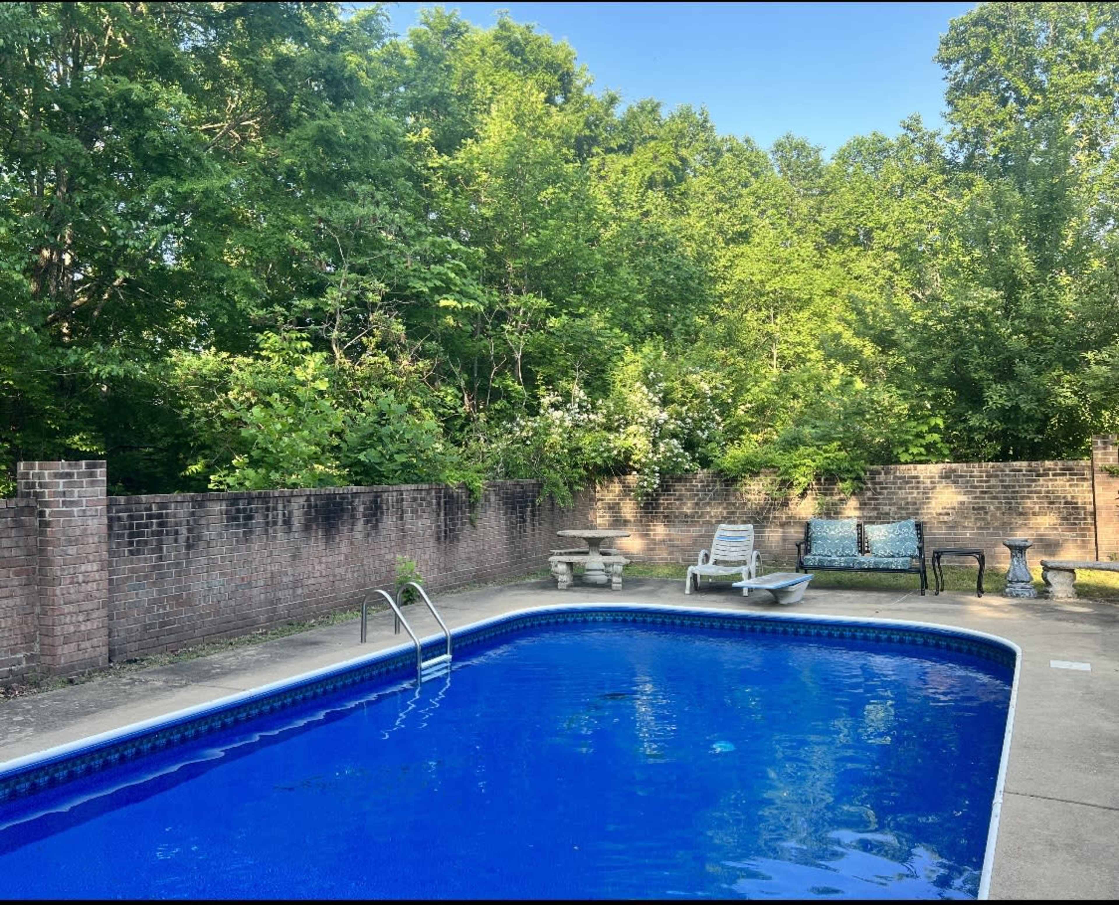 A rectangular swimming pool is surrounded by a brick wall and lush green trees.
