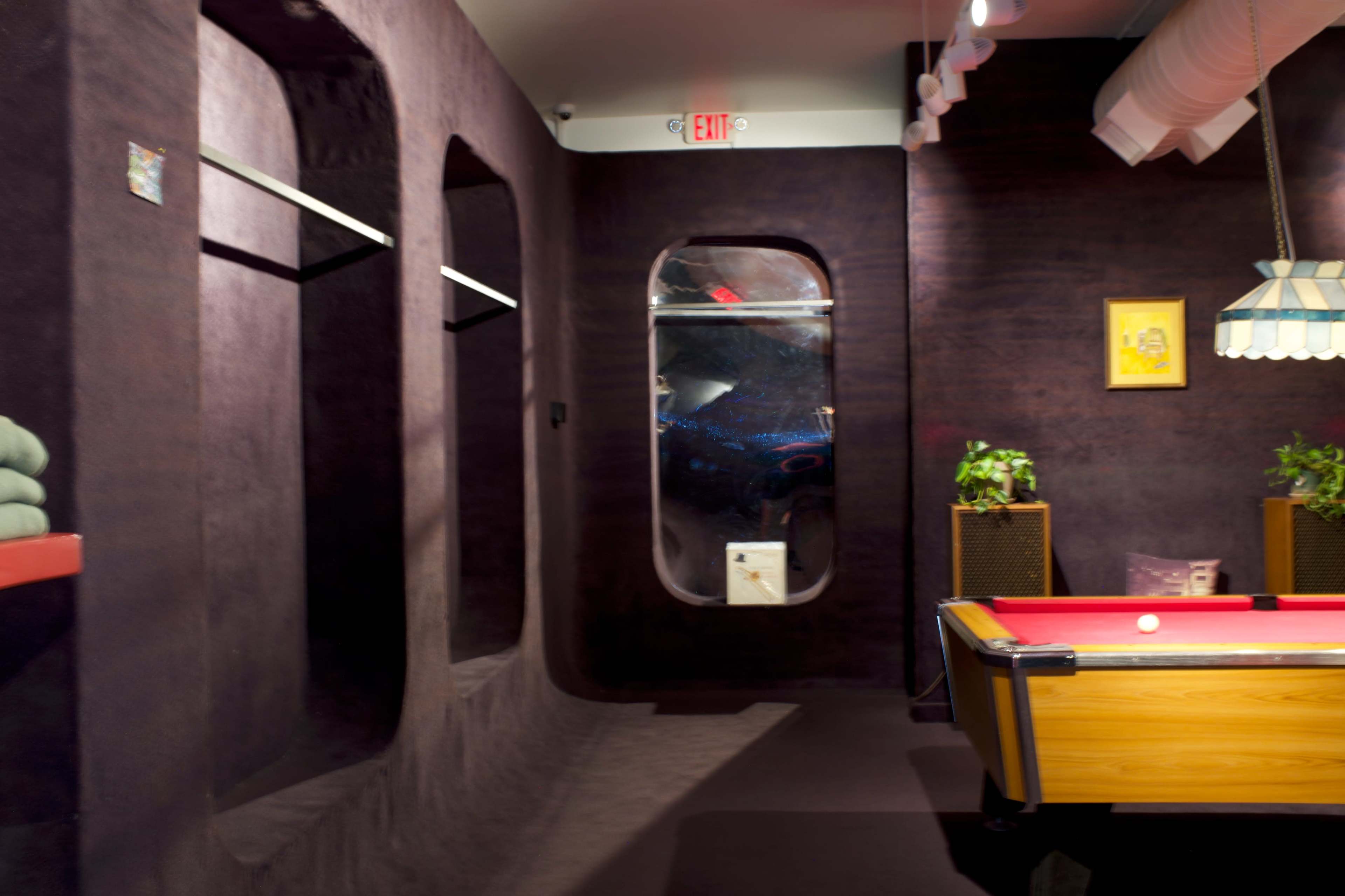 The image shows a dimly lit room with dark purple walls, featuring a pool table, an arched mirror, and a small plant by the window.