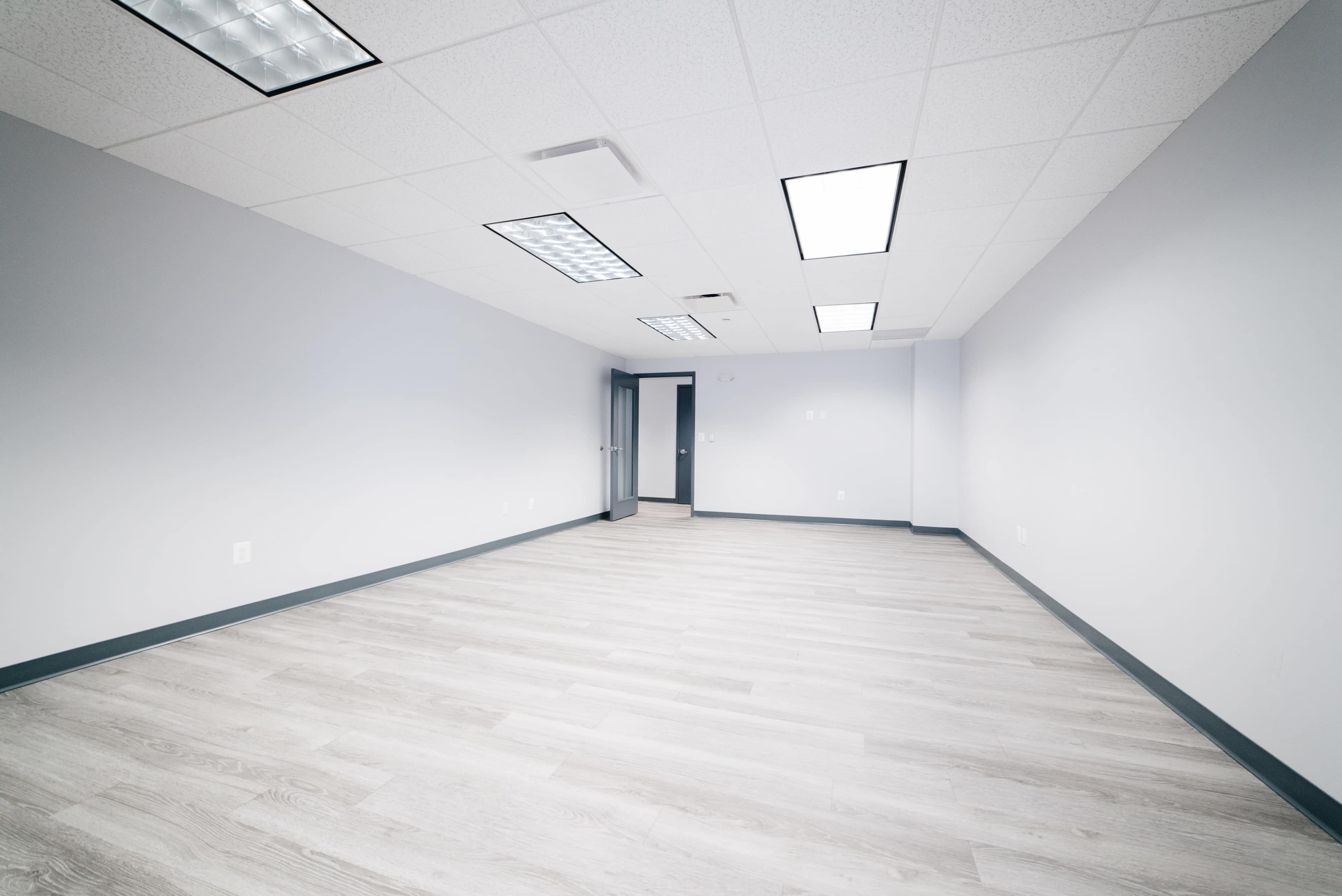 An empty room with light gray walls, a light gray floor, and fluorescent ceiling lights.