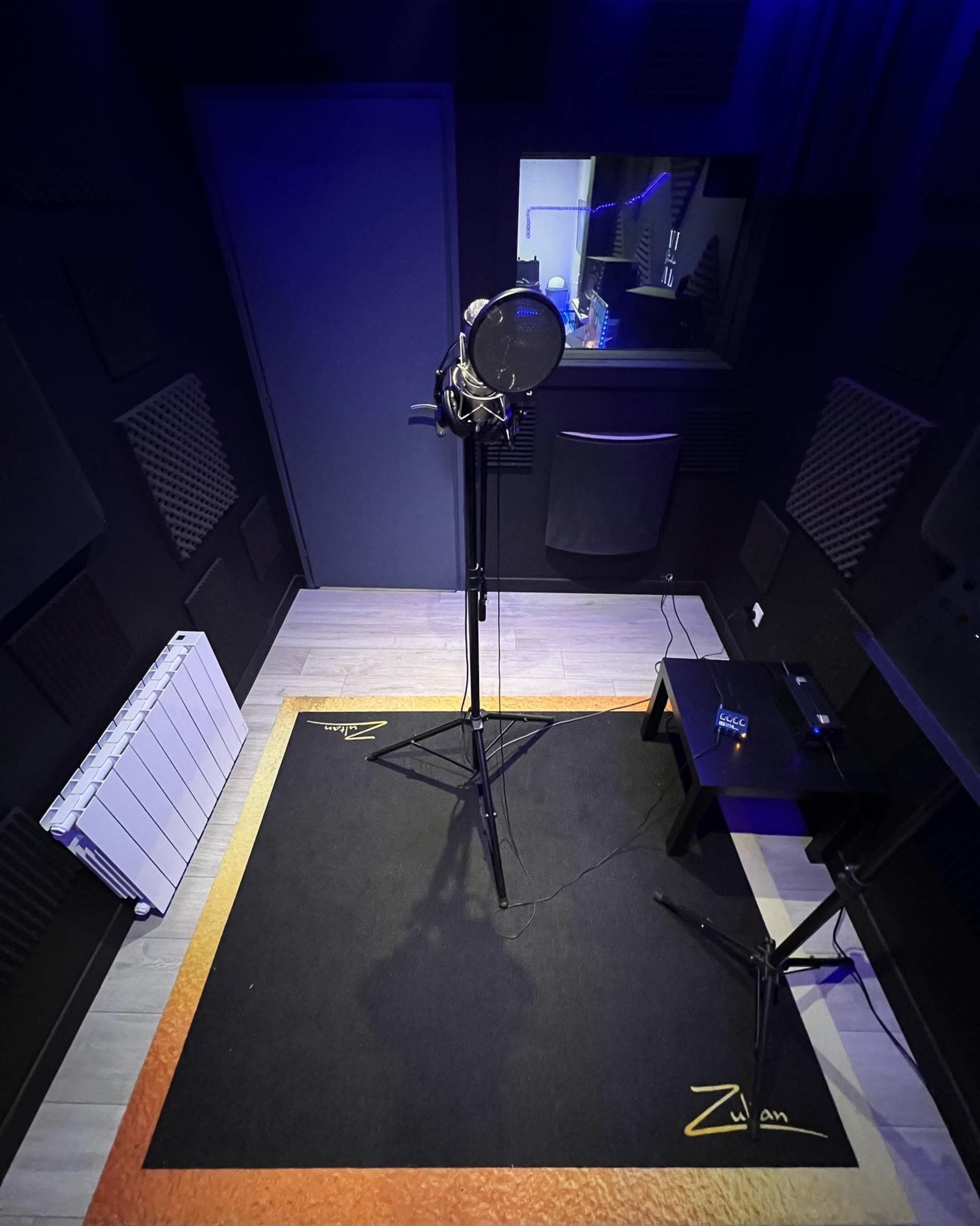 A small recording studio with a microphone on a stand, acoustic panels on the walls, and a window into a control room.