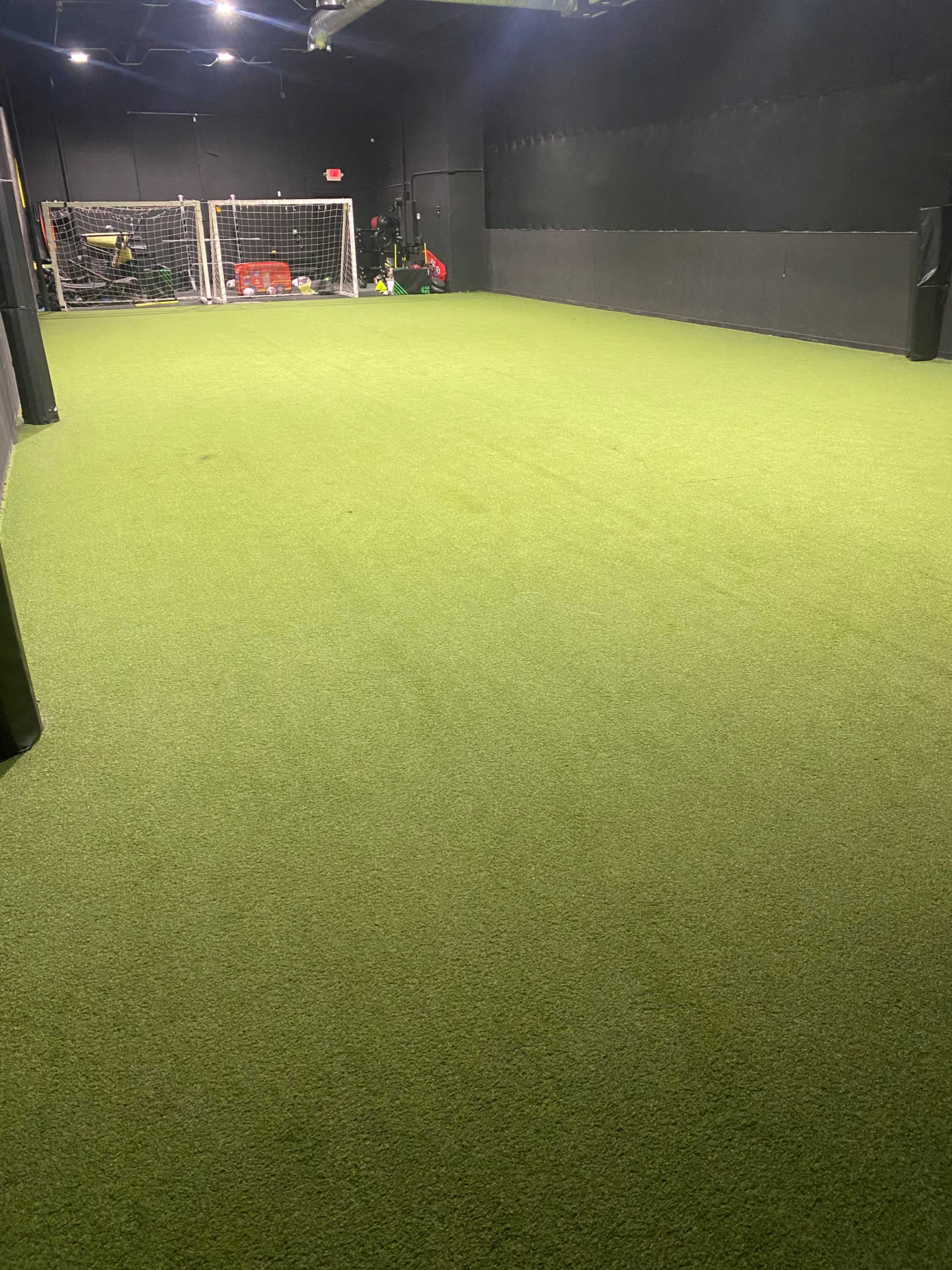 The image shows an indoor training facility featuring artificial grass, a soccer goal at one end, and some equipment in the background.