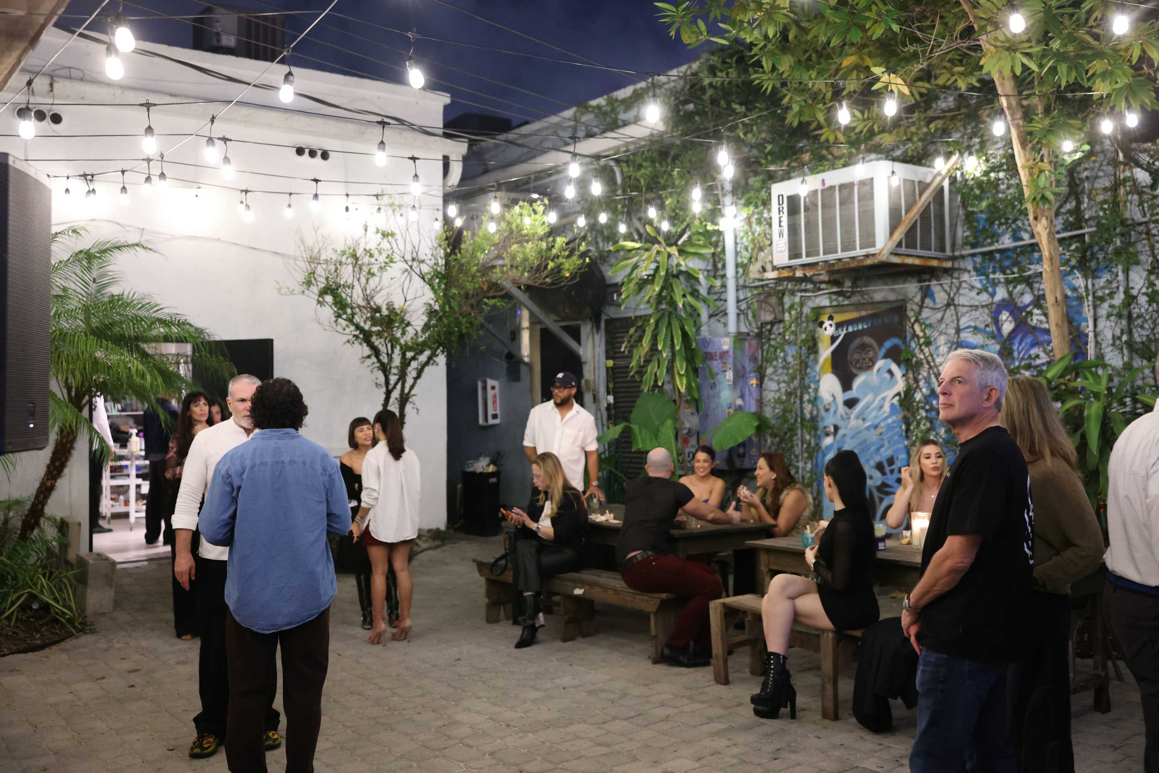 A group of people gathers in a courtyard adorned with string lights and greenery, interacting and socializing in the evening.