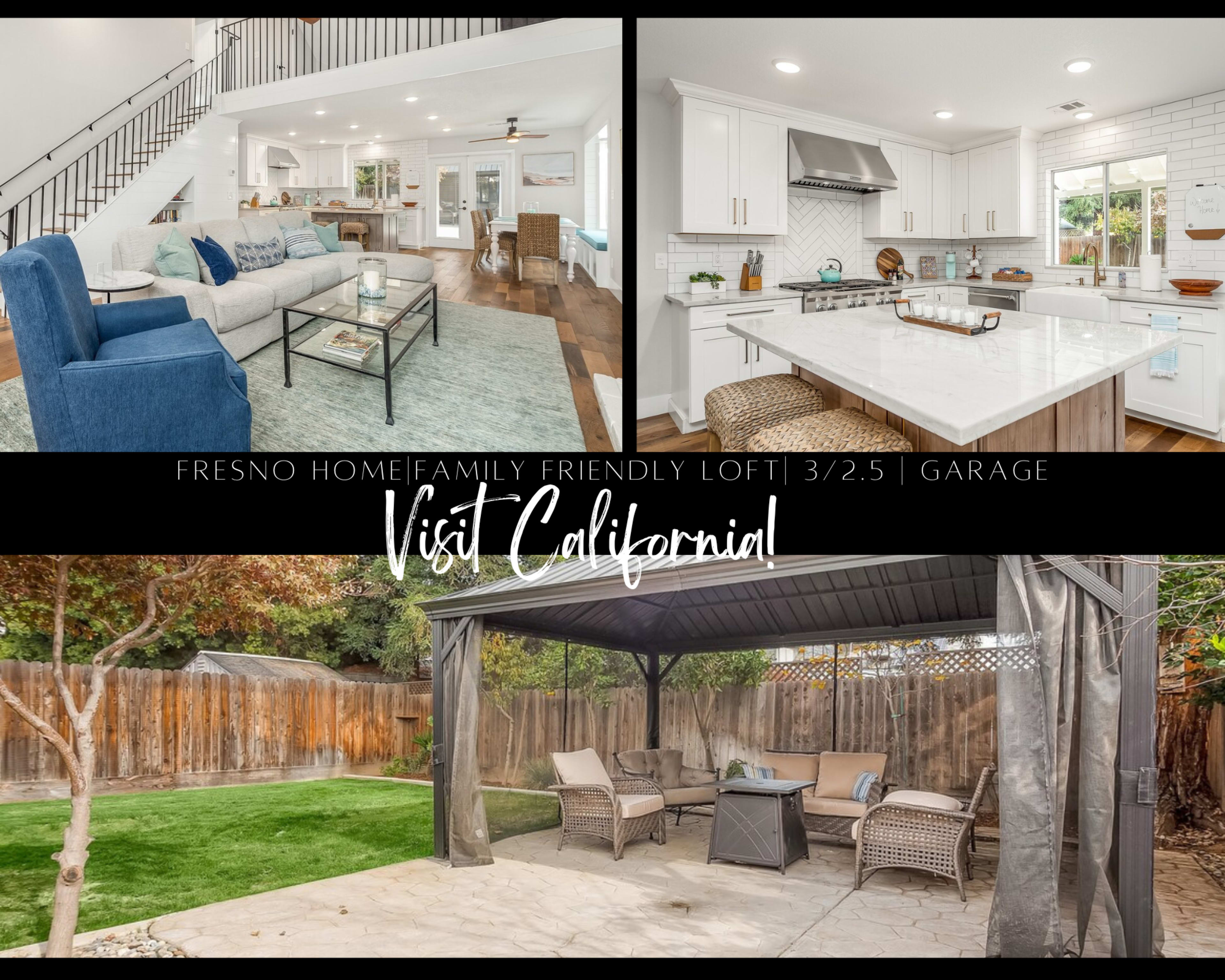 A modern home in Fresno featuring a family-friendly loft, a spacious kitchen with white cabinetry and a large island, and a backyard with a covered seating area.