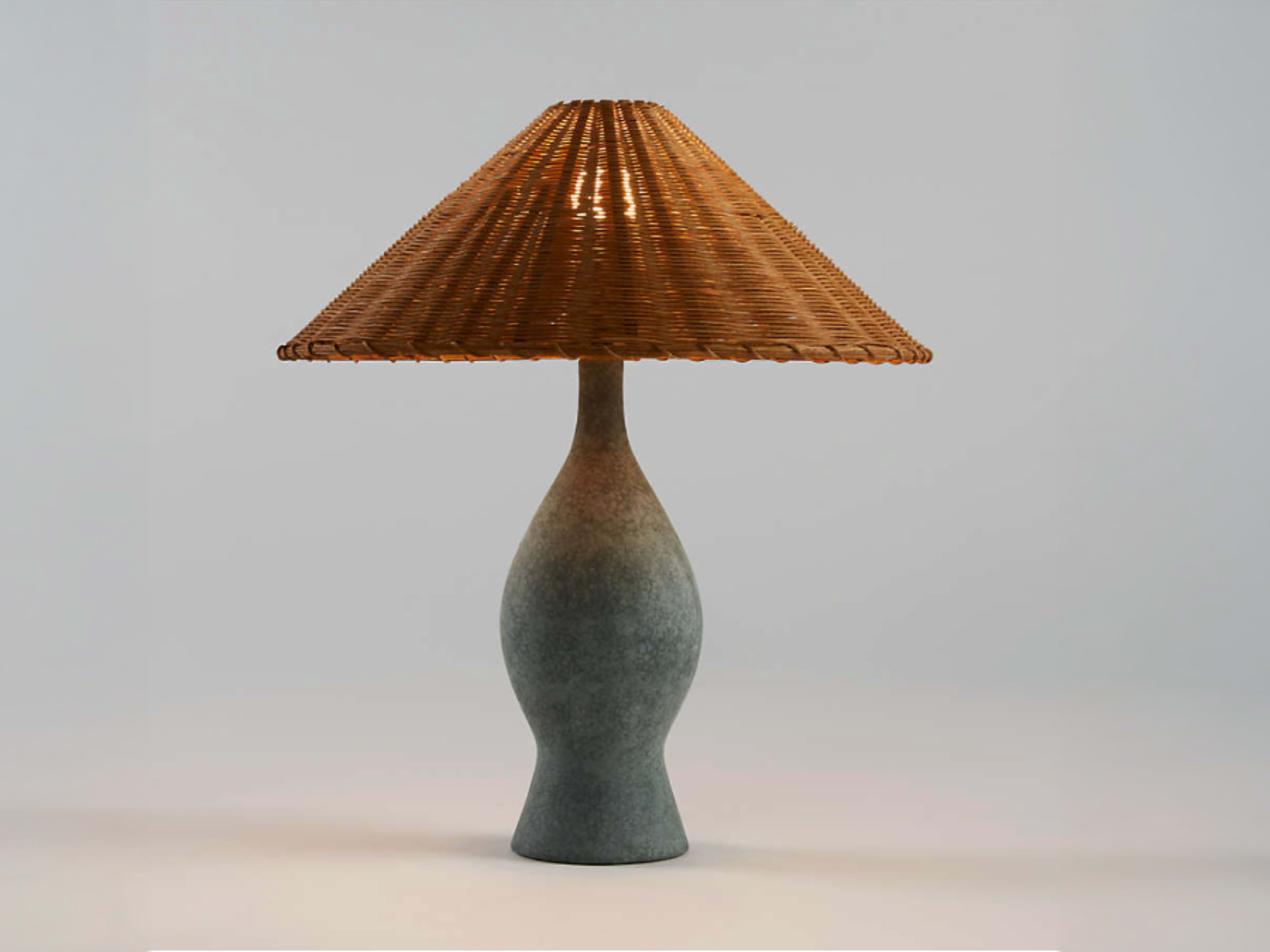 Courbe Green Ceramic Table Lamp with Rattan Shade 