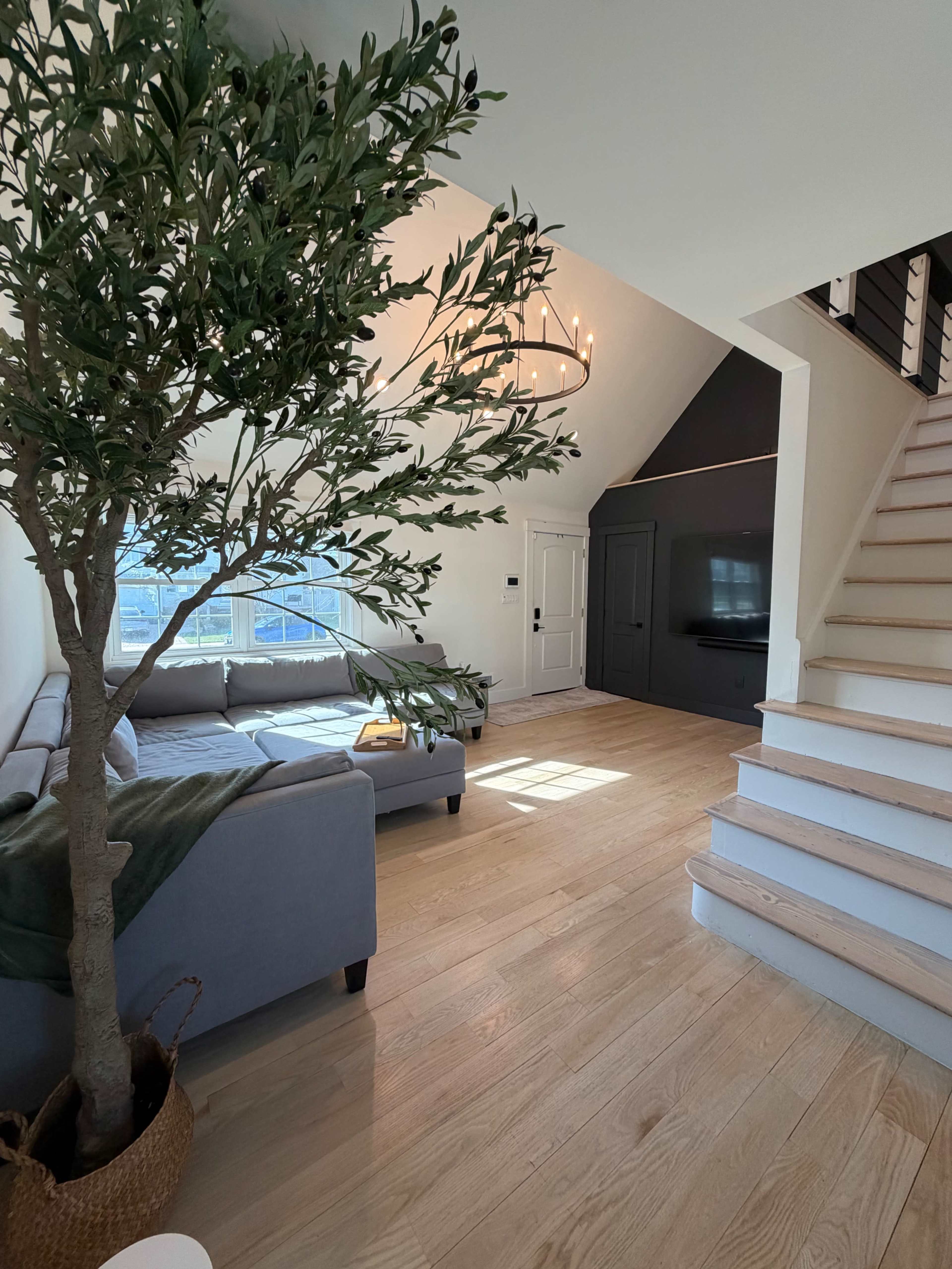 A spacious living area features a gray sofa, a decorative tree, and a staircase leading to an upper level.