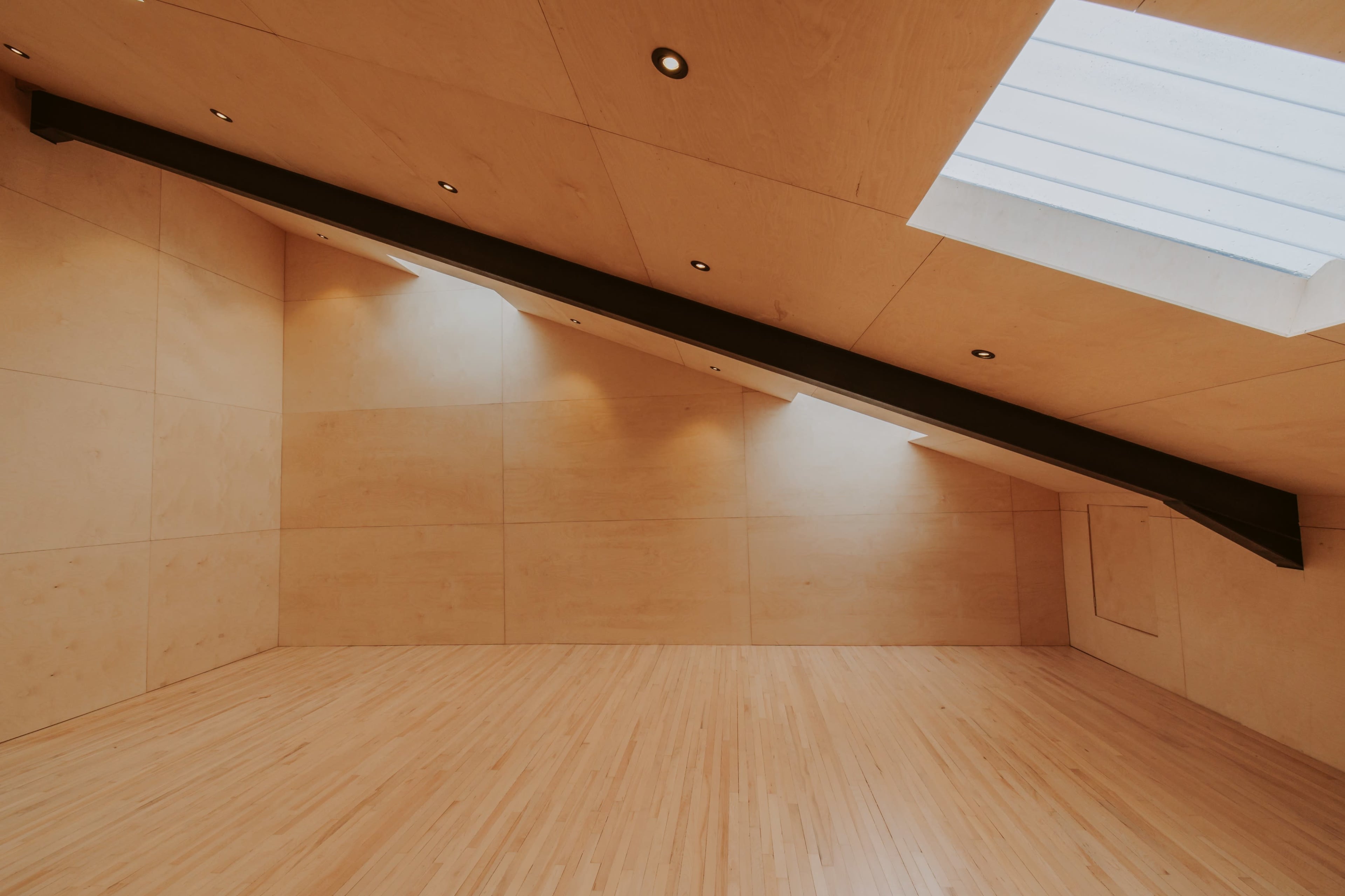 A minimalist interior room with wooden walls and flooring, featuring a skylight and a sloped ceiling supported by a black beam.