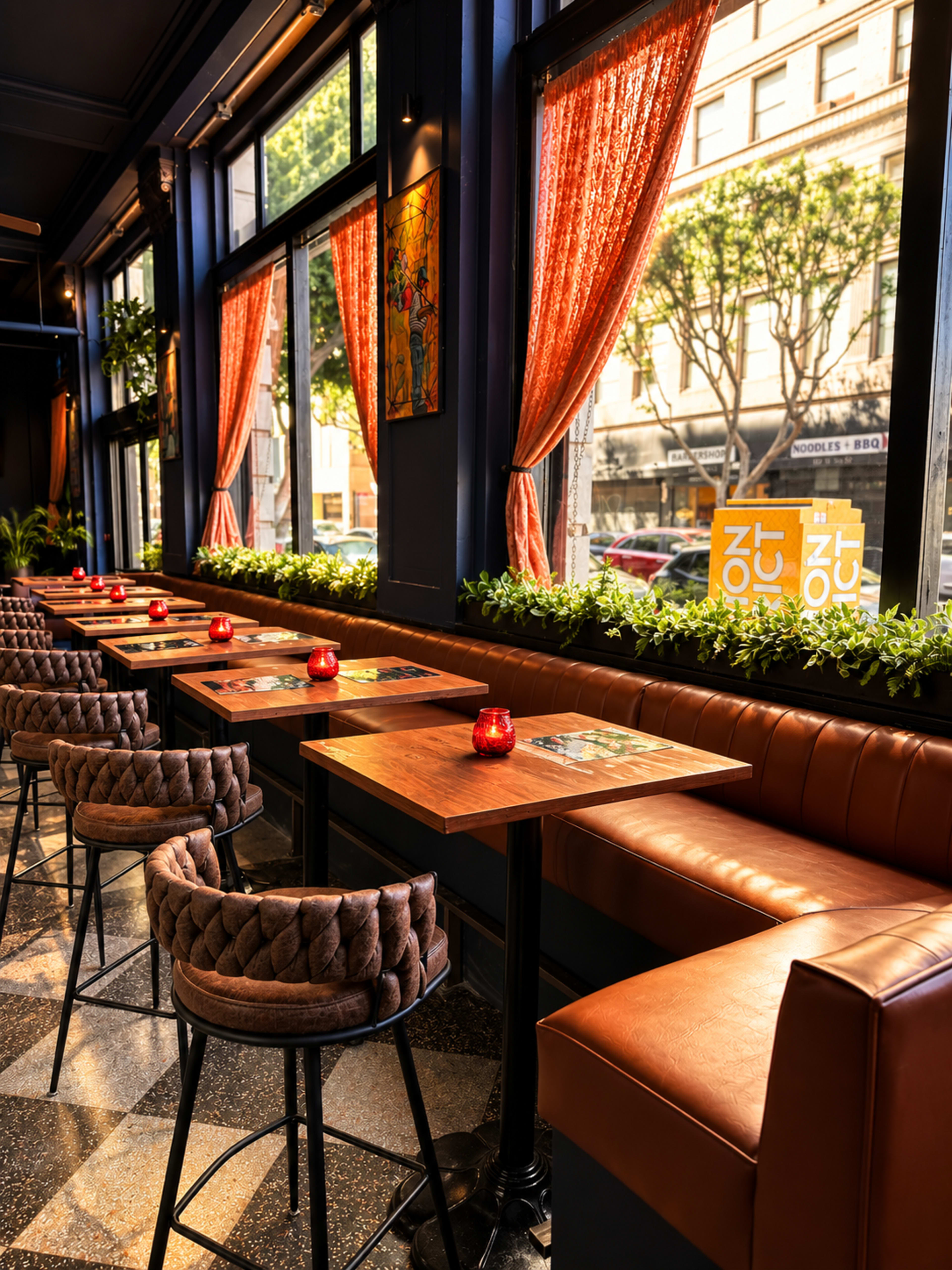 The image shows a cozy restaurant interior with wooden tables, upholstered chairs, red candlelit centerpieces, and large windows displaying a lively street view.