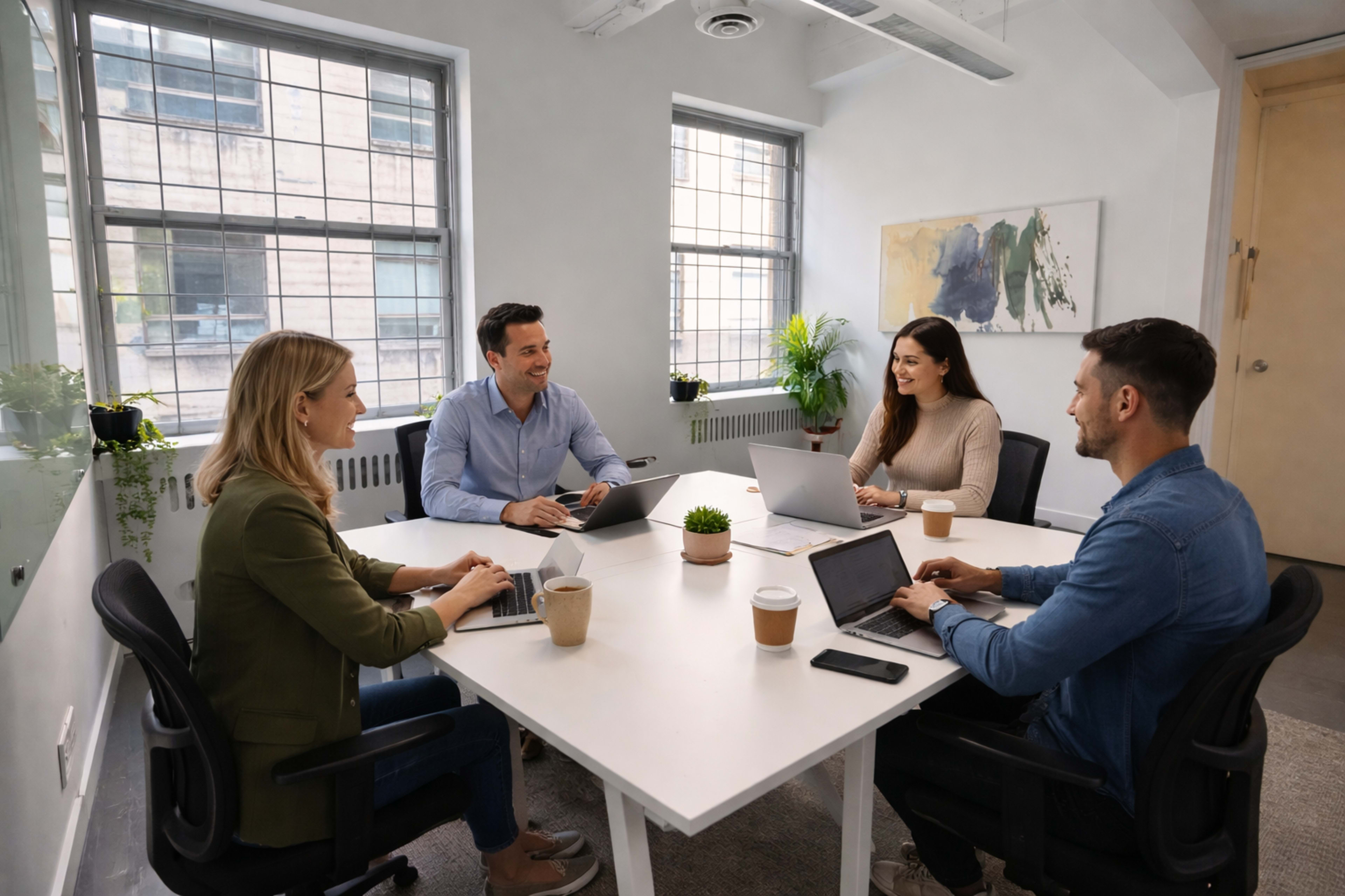 A group of four people is engaged in a discussion around a conference table in a well-lit office space.