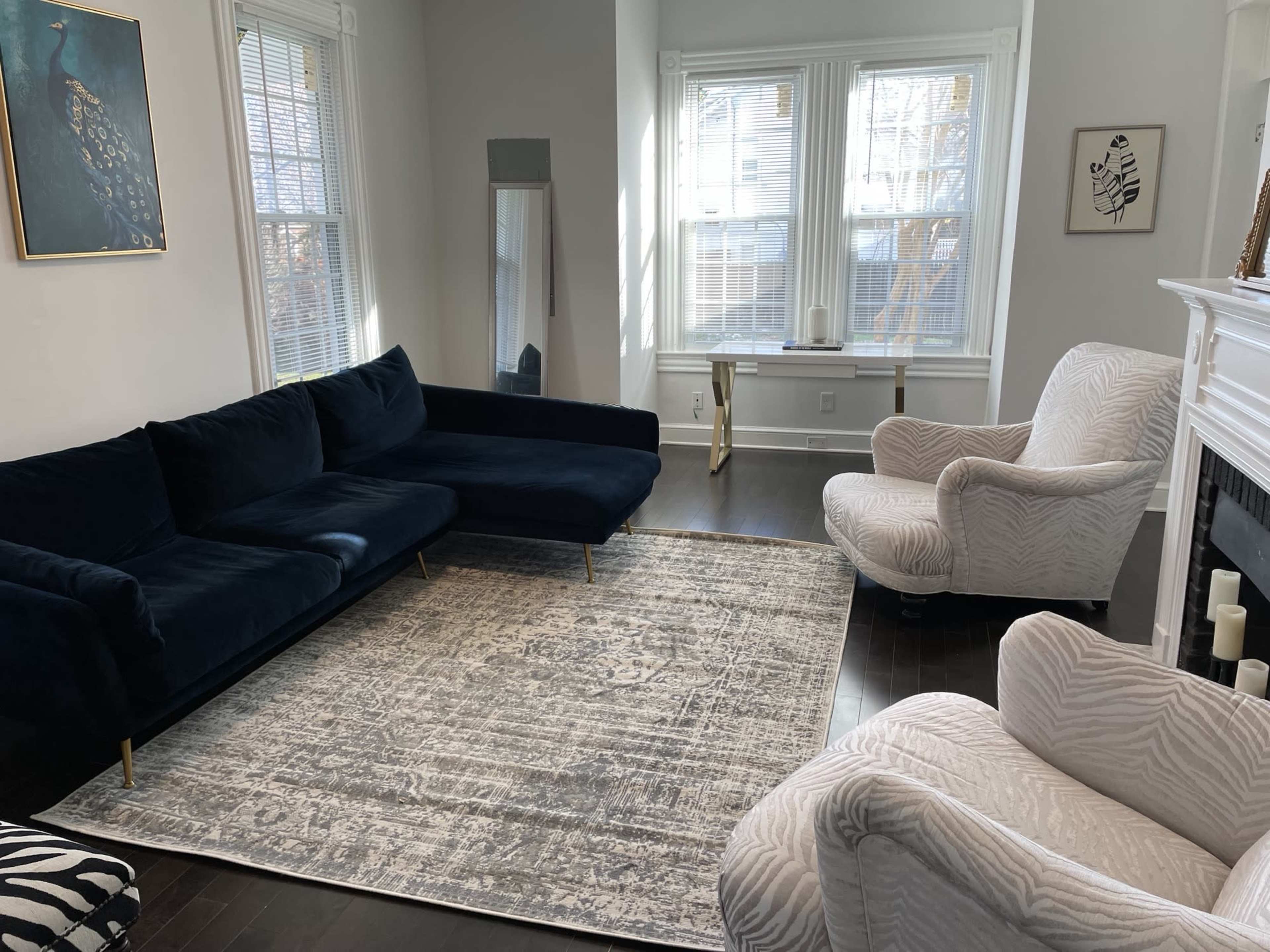 A modern living room features a navy sectional sofa, two white upholstered chairs, and a large area rug on dark wooden flooring, with windows allowing natural light.