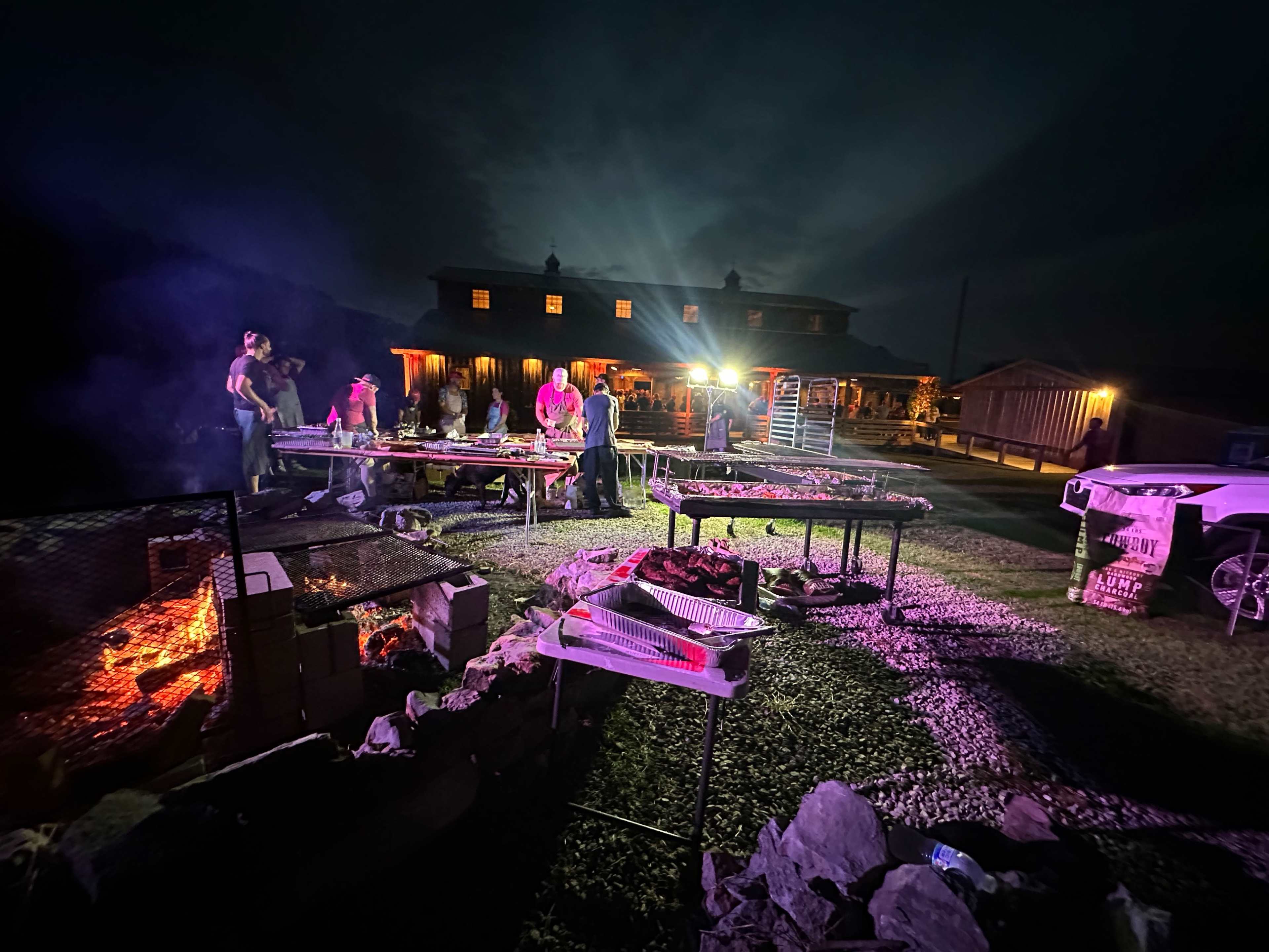 The scene shows a nighttime barbecue gathering with people cooking on grills near a large house illuminated by outdoor lights.