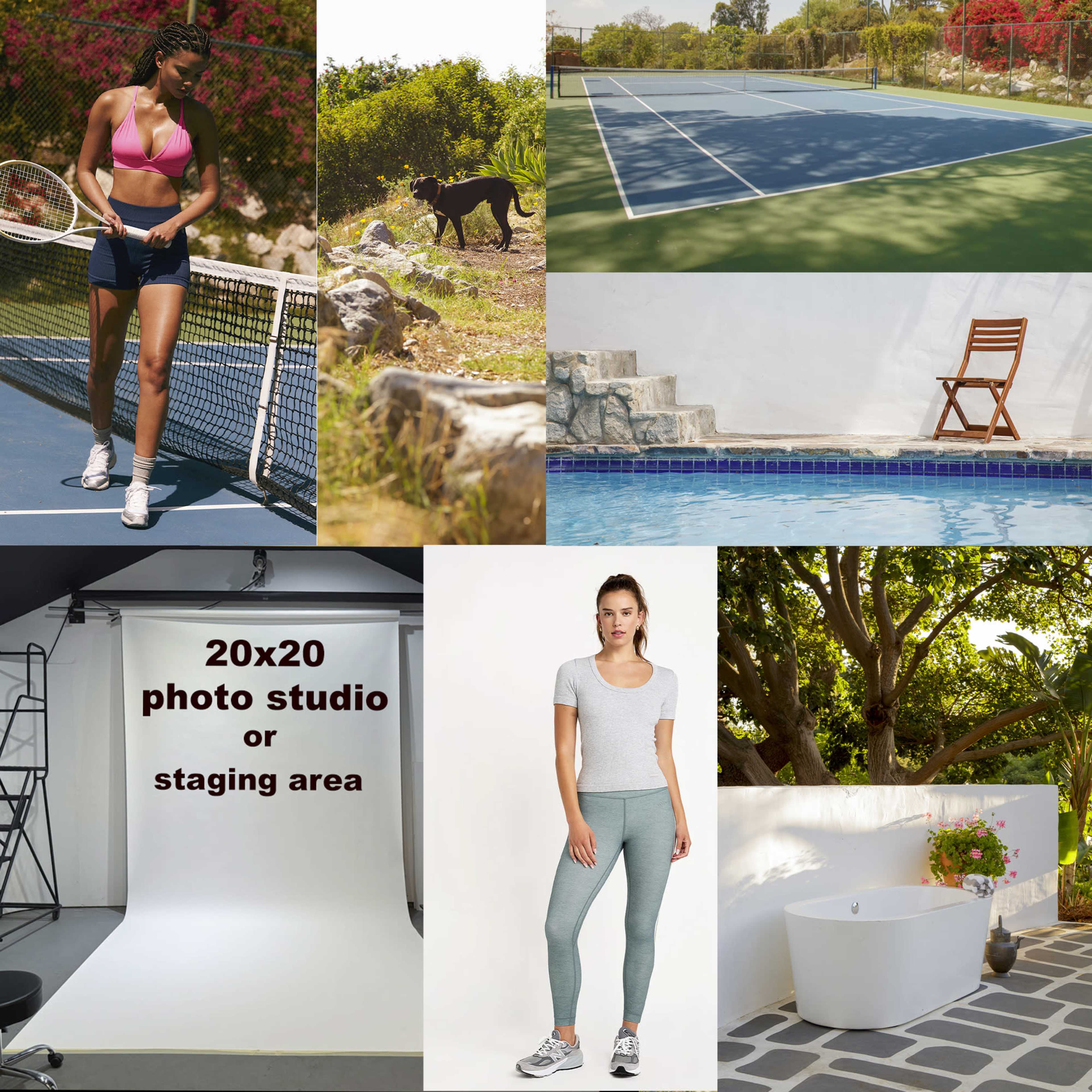 The image features a collage of various scenes, including a woman playing tennis, a dog in a field, a blue tennis court, a minimalistic photo studio, a model in activewear, and a serene outdoor area with a bathtub and greenery.
