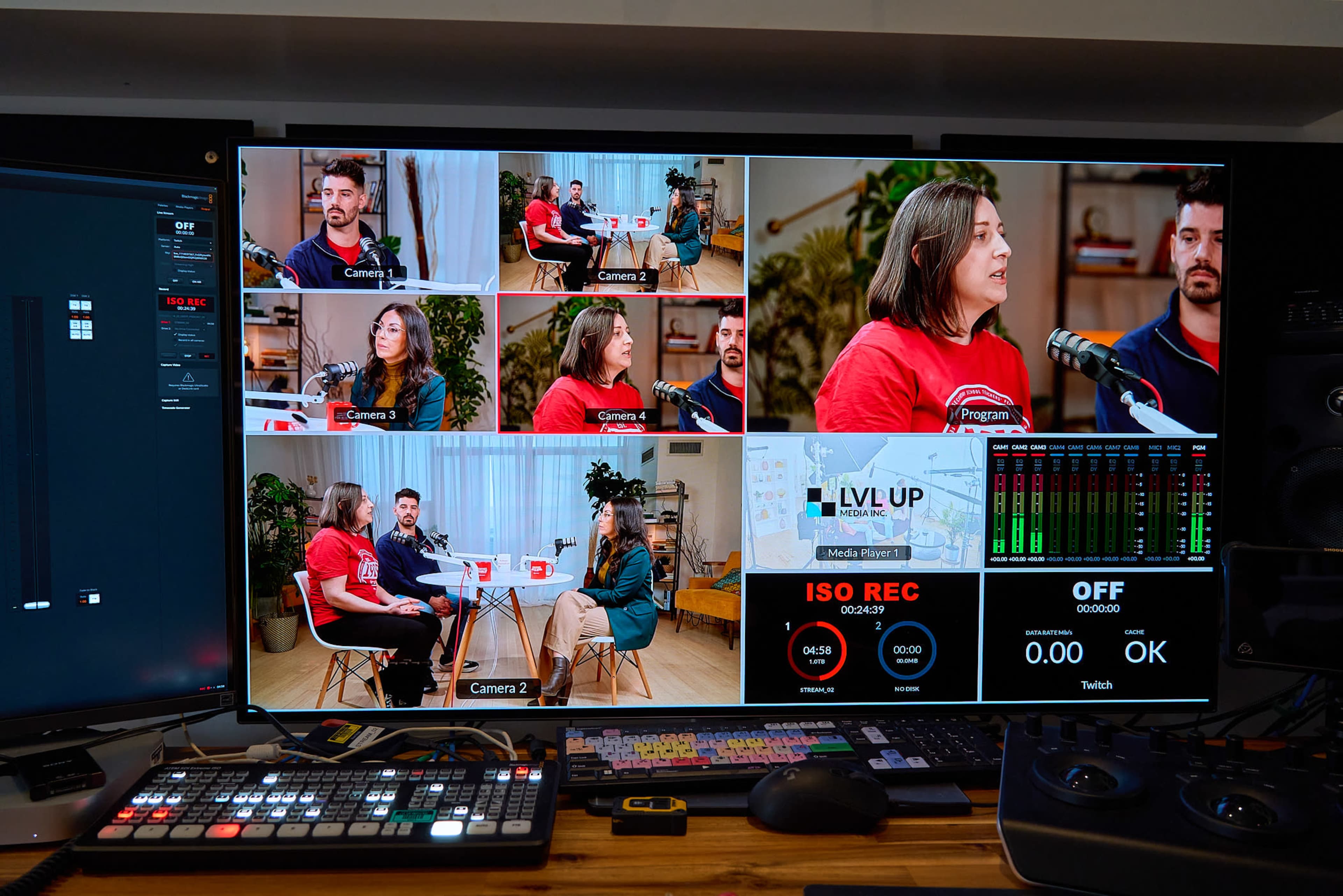The image displays a multi-camera video production setup with six camera feeds, showing various participants engaged in a discussion at a table.
