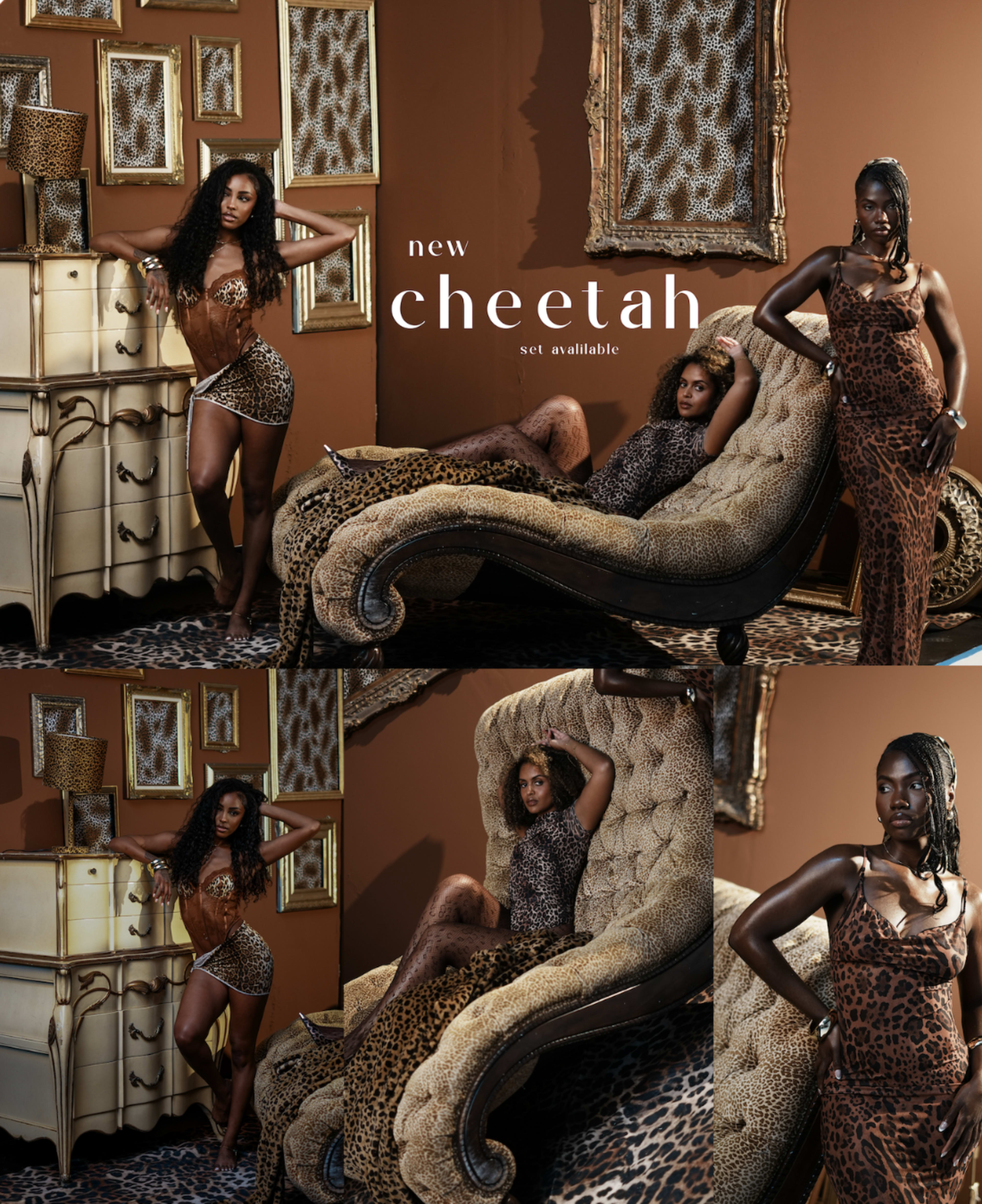The image showcases three women modeling cheetah-patterned outfits in a stylish room decorated with gold-framed mirrors and animal print accents.