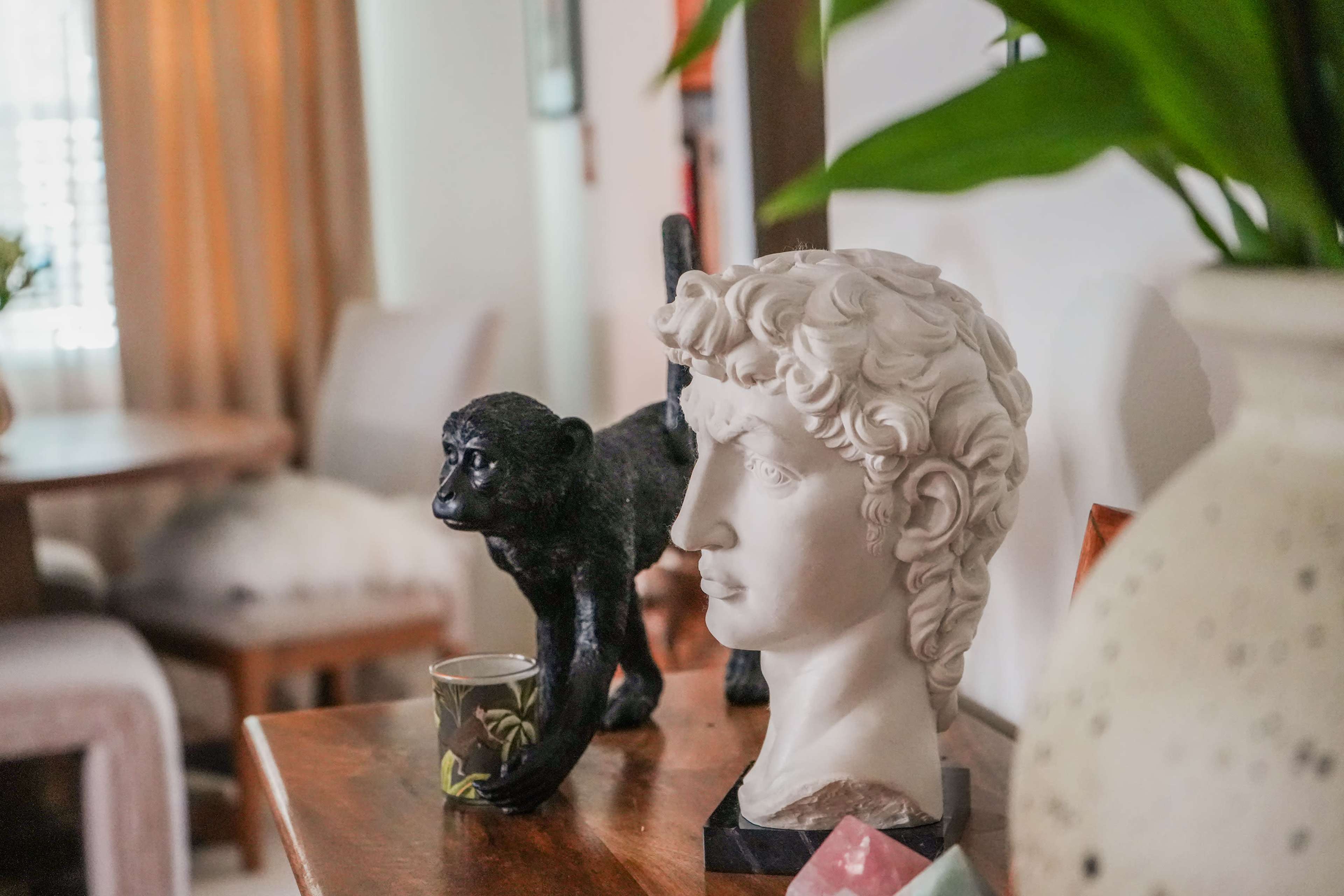 A classical bust of a man sits next to a black monkey figurine on a wooden table, with a plant in the background.